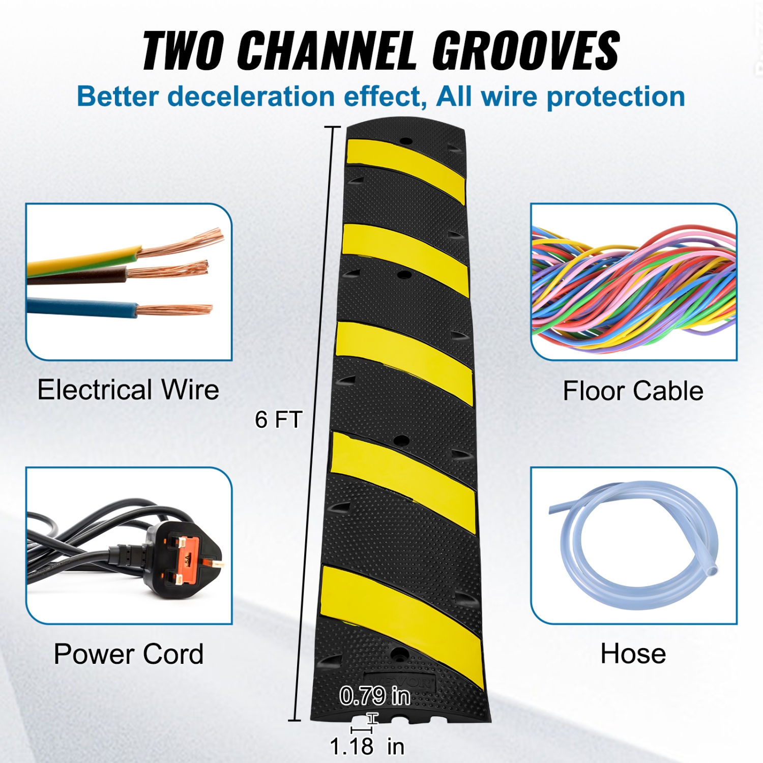 VEVOR 72'' Rubber Speed Bump, Dual Channel, Supports up to 22000 lbs,Traffic Speed Hump with Yellow Reflective Strip,Includes 4 Expansion Screws &