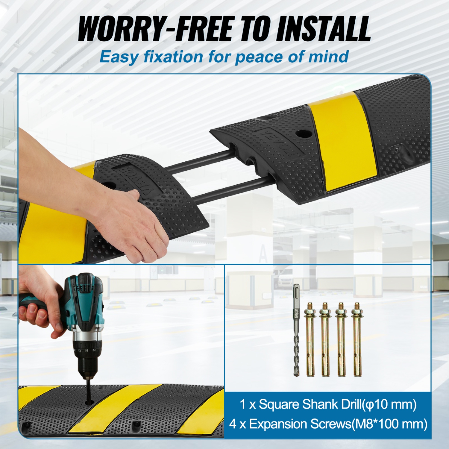 VEVOR 72'' Rubber Speed Bump, Dual Channel, Supports up to 22000 lbs,Traffic Speed Hump with Yellow Reflective Strip,Includes 4 Expansion Screws &