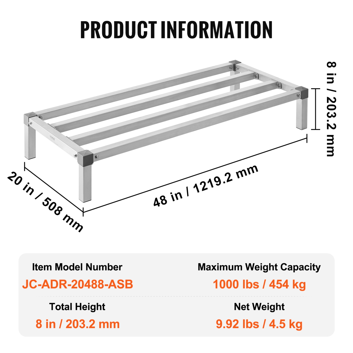 VEVOR 48” x 20”Aluminum Dunnage Rack,Food Floor Rack, 8” Off the Floor,1000 lbs Capacity All-Welded Aluminum Storage Rack, for Storage in