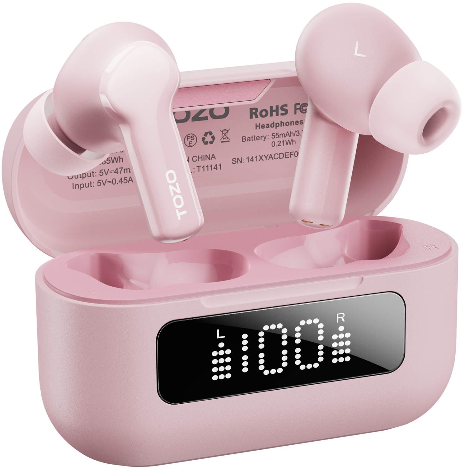 New Arrival TOZO NC3 TWS Earbuds in-ear Bluetooth 5.3 Headset ANC Noise Cancelling LED Digital Power Display-Pink