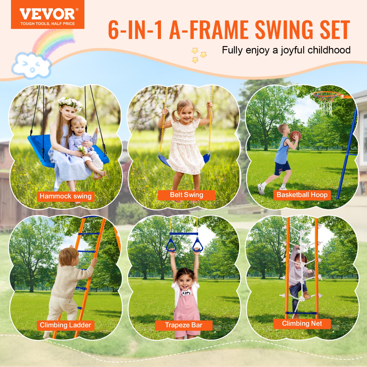VEVOR 440lbs Load Capacity, Swing Sets for Backyard, 6 in 1 Swing Set with 2 Swings, Trapeze Bar, Climbing Ladder, Climbing Net, and Basketball Hoop,