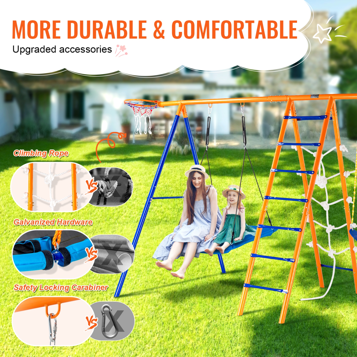 VEVOR 440lbs Load Capacity, Swing Sets for Backyard, 6 in 1 Swing Set with 2 Swings, Trapeze Bar, Climbing Ladder, Climbing Net, and Basketball Hoop,