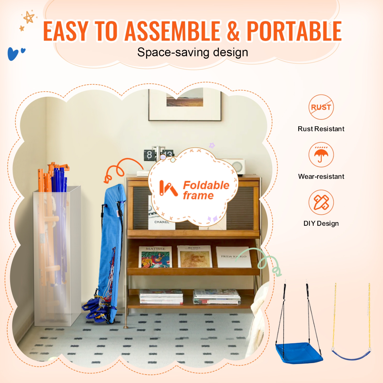 VEVOR 440lbs Load Capacity, Swing Sets for Backyard, 6 in 1 Swing Set with 2 Swings, Trapeze Bar, Climbing Ladder, Climbing Net, and Basketball Hoop,