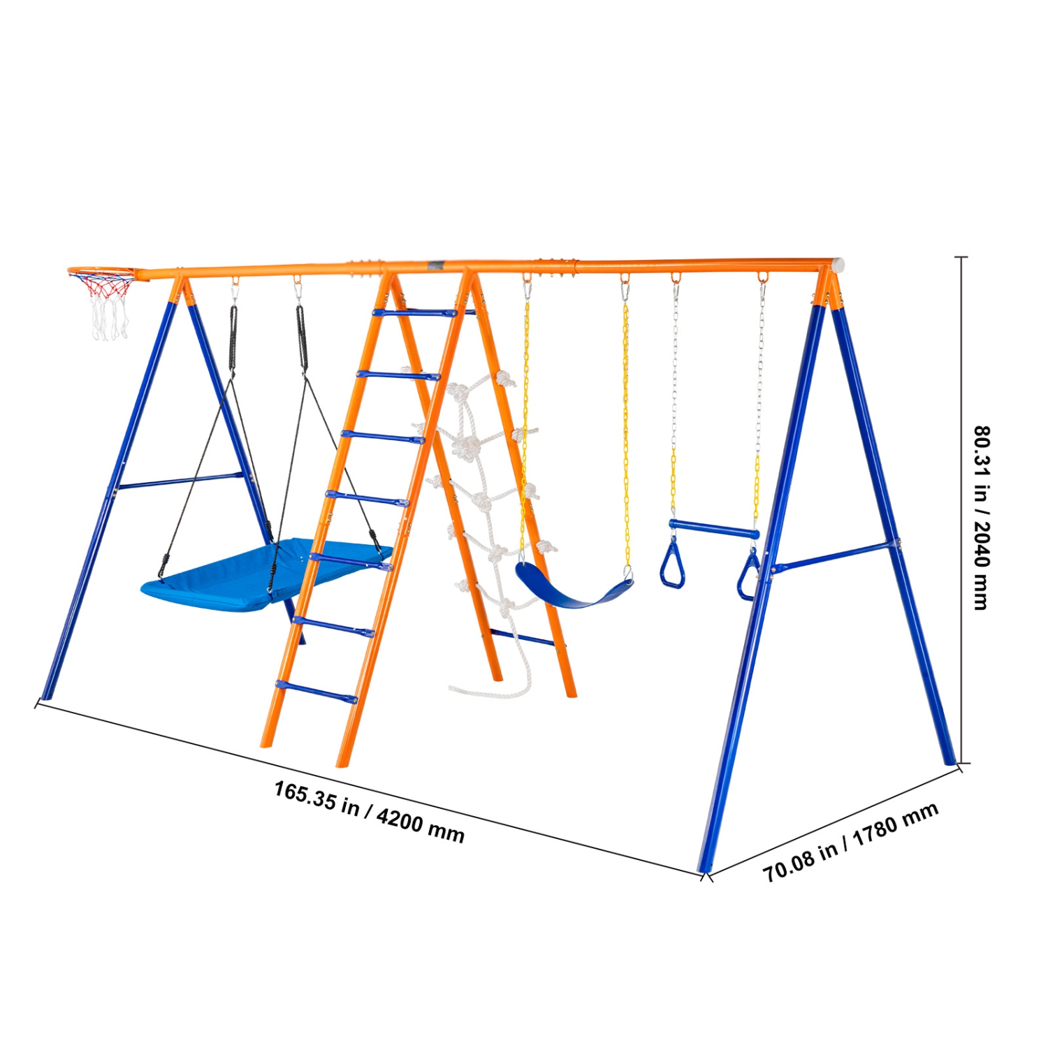 VEVOR 440lbs Load Capacity, Swing Sets for Backyard, 6 in 1 Swing Set with 2 Swings, Trapeze Bar, Climbing Ladder, Climbing Net, and Basketball Hoop,