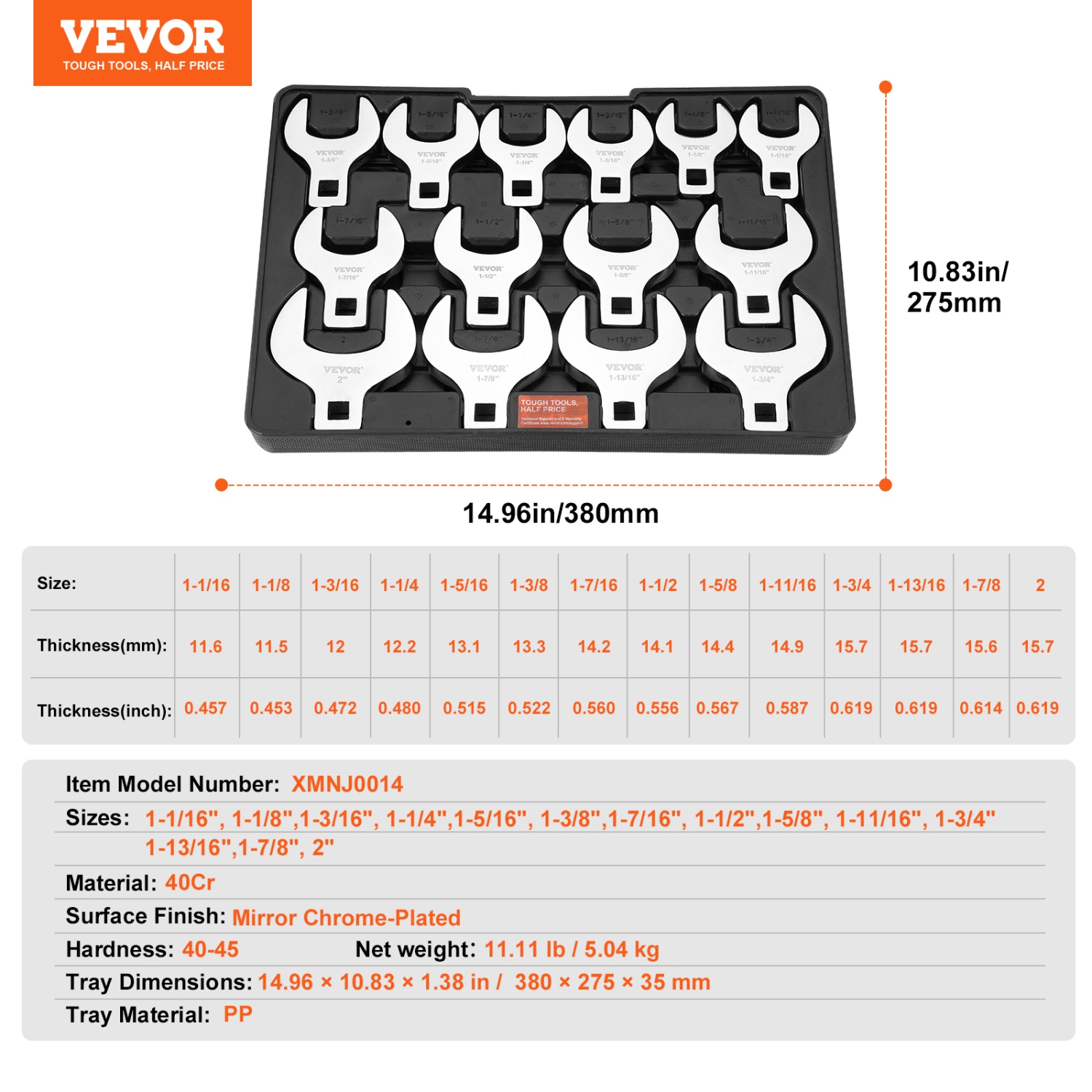 VEVOR 1/2" Crowfoot Wrench Set, Drive 14-Piece SAE Crows Foot Wrench Set with Storage Tray, 40CR Material with Laser Etched Sizing, for Mechanical