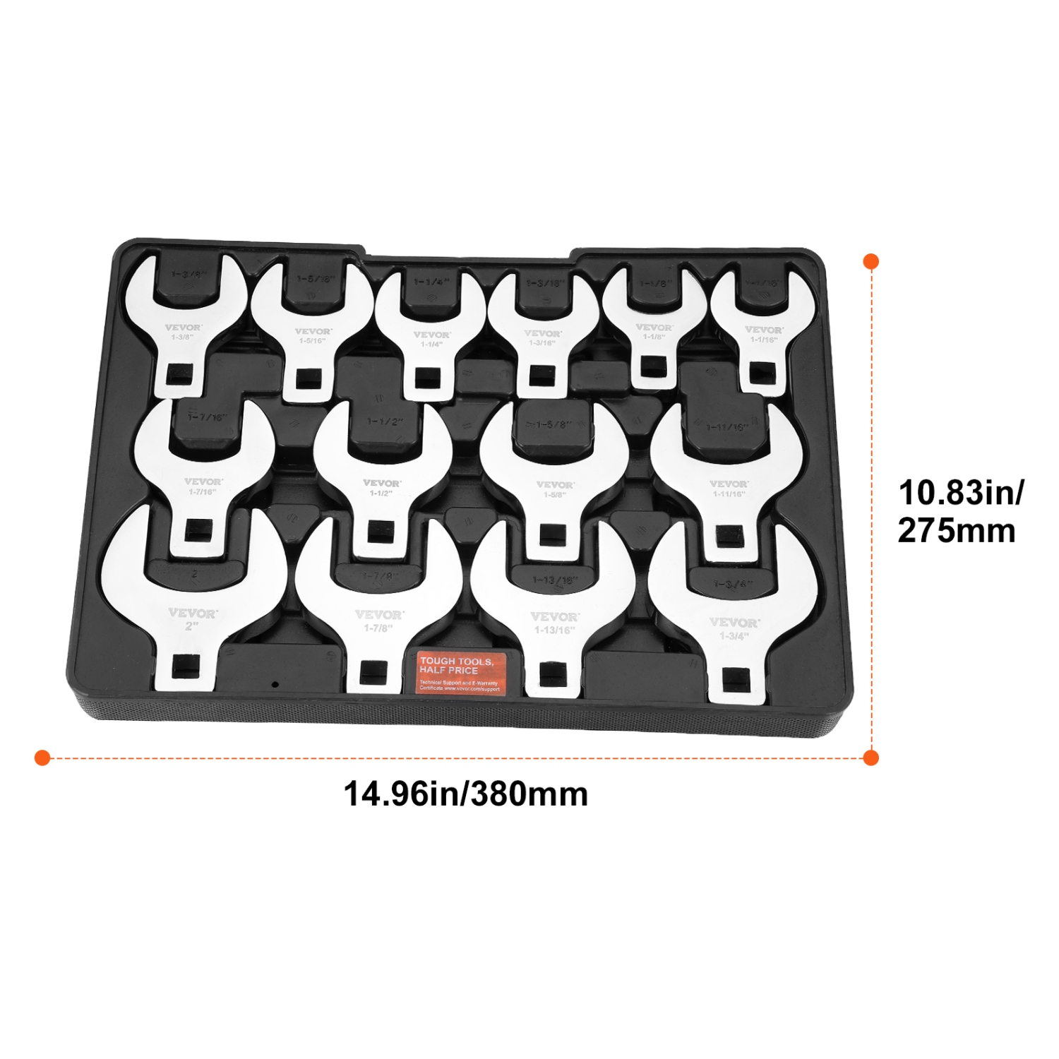 VEVOR 1/2" Crowfoot Wrench Set, Drive 14-Piece SAE Crows Foot Wrench Set with Storage Tray, 40CR Material with Laser Etched Sizing, for Mechanical