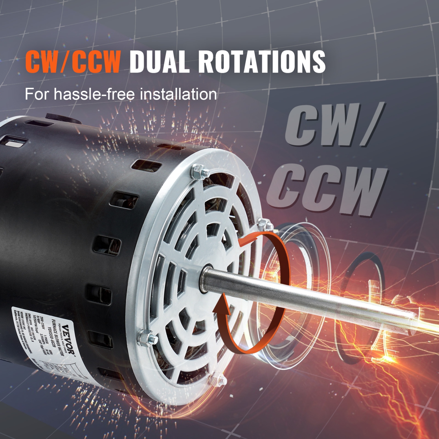 VEVOR 3/4HP Furnace Blower Motor, 208/230V 3.85Amps, 1075RPM 5 Speeds, CW/CCW Rotation, 48 Frame 4.8" Shaft Length, 10渭F/450V Capacitor + 11" Hold