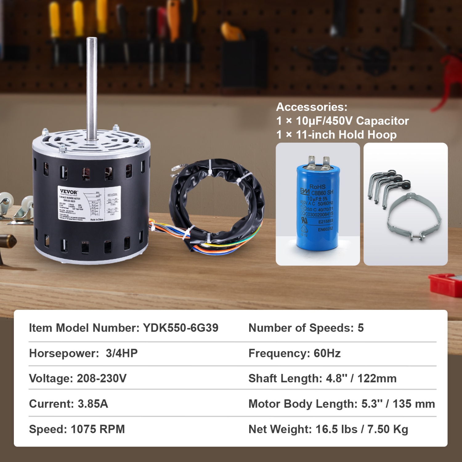 VEVOR 3/4HP Furnace Blower Motor, 208/230V 3.85Amps, 1075RPM 5 Speeds, CW/CCW Rotation, 48 Frame 4.8" Shaft Length, 10渭F/450V Capacitor + 11" Hold