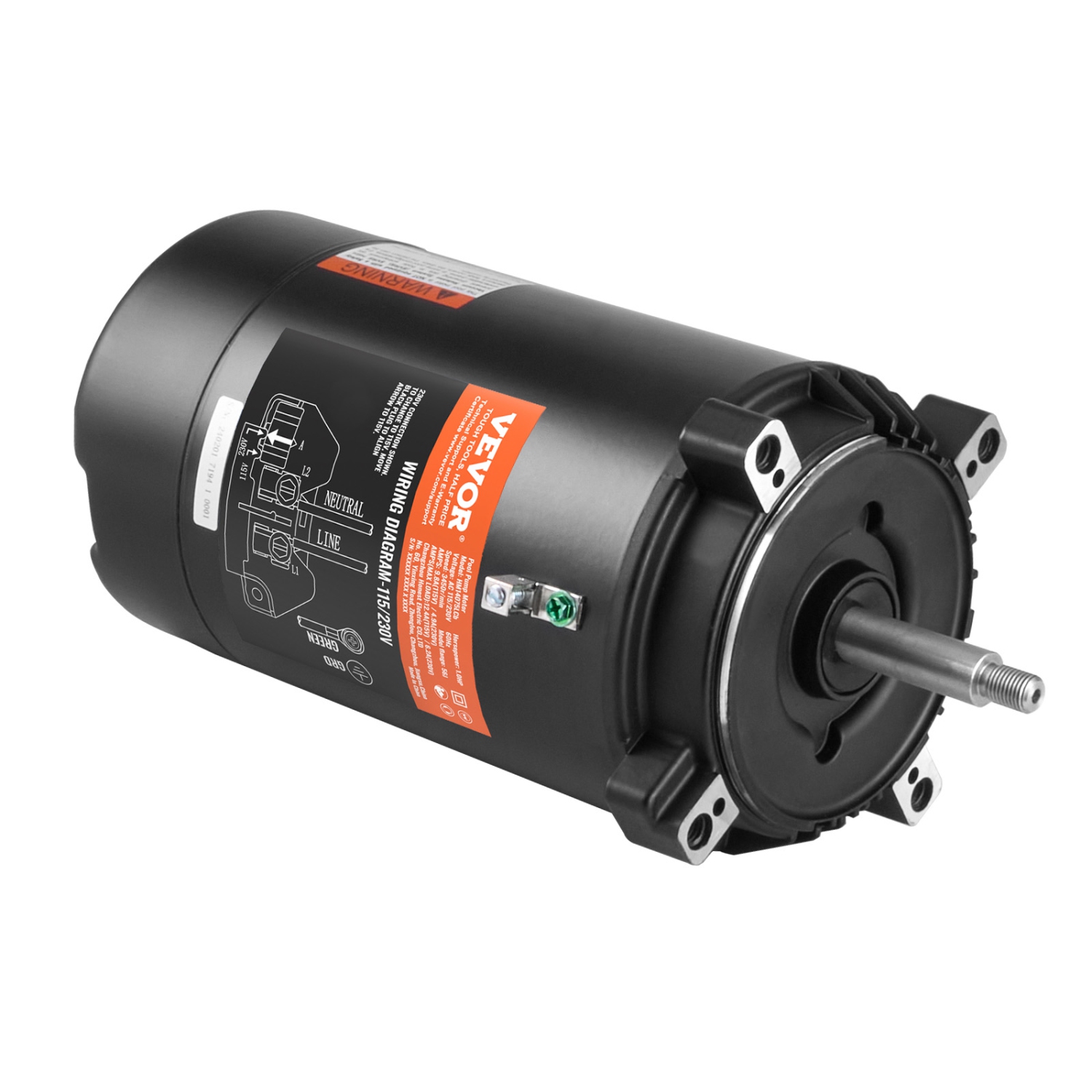 VEVOR 1 HP Pool Pump Motor, 56J Frame, 115V(9.8 Amps)/230V(4.9 Amps) 3450 RPM, 60Hz, 1.4 Service Factor, 90渭F/250V Capacitor, CCW Rotation Round