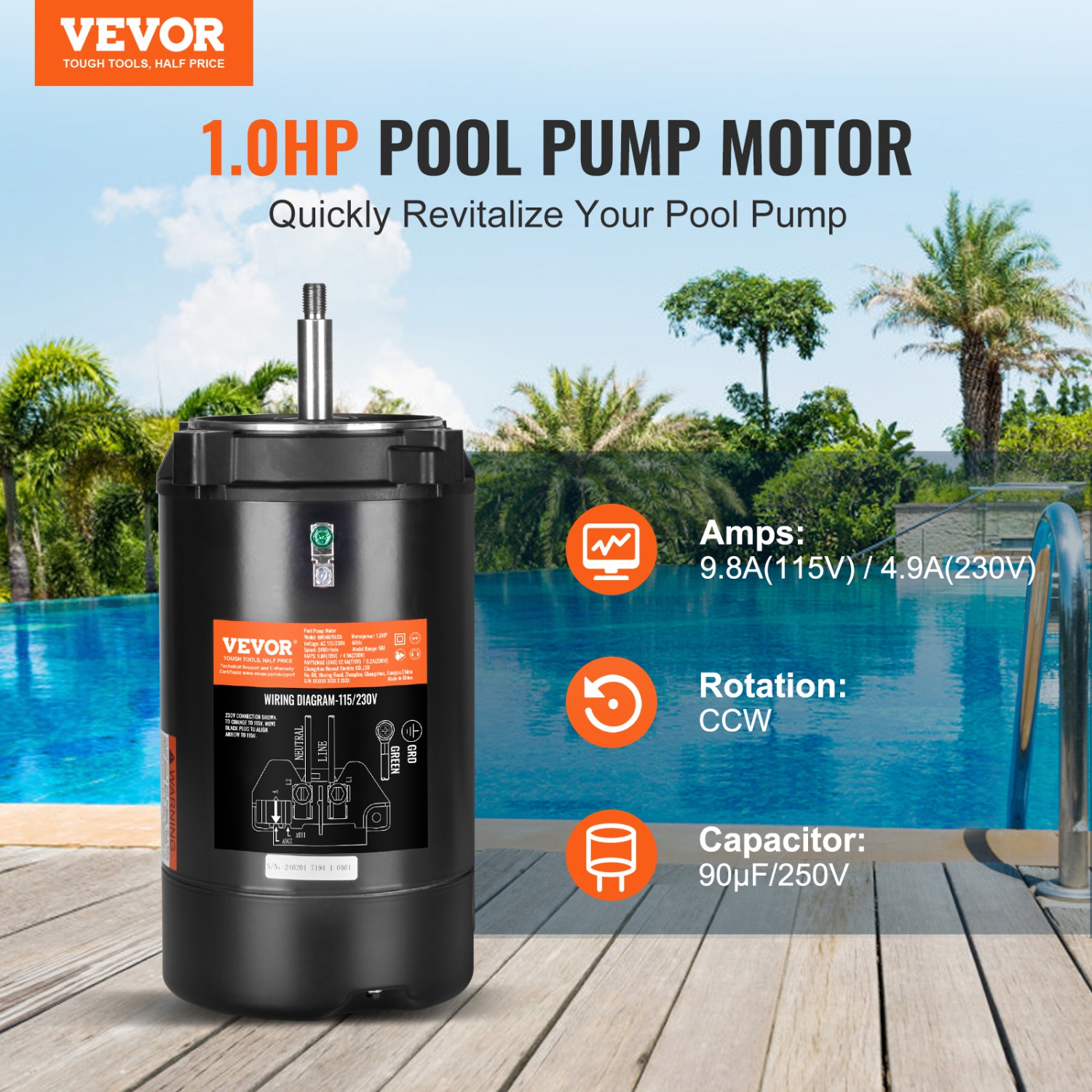 VEVOR 1 HP Pool Pump Motor, 56J Frame, 115V(9.8 Amps)/230V(4.9 Amps) 3450 RPM, 60Hz, 1.4 Service Factor, 90渭F/250V Capacitor, CCW Rotation Round