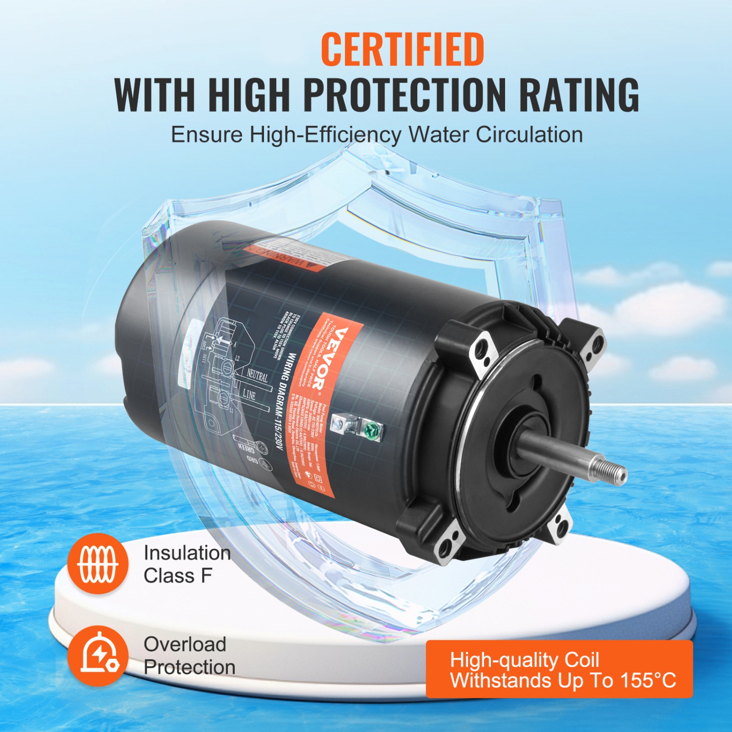 VEVOR 1 HP Pool Pump Motor, 56J Frame, 115V(9.8 Amps)/230V(4.9 Amps) 3450 RPM, 60Hz, 1.4 Service Factor, 90渭F/250V Capacitor, CCW Rotation Round