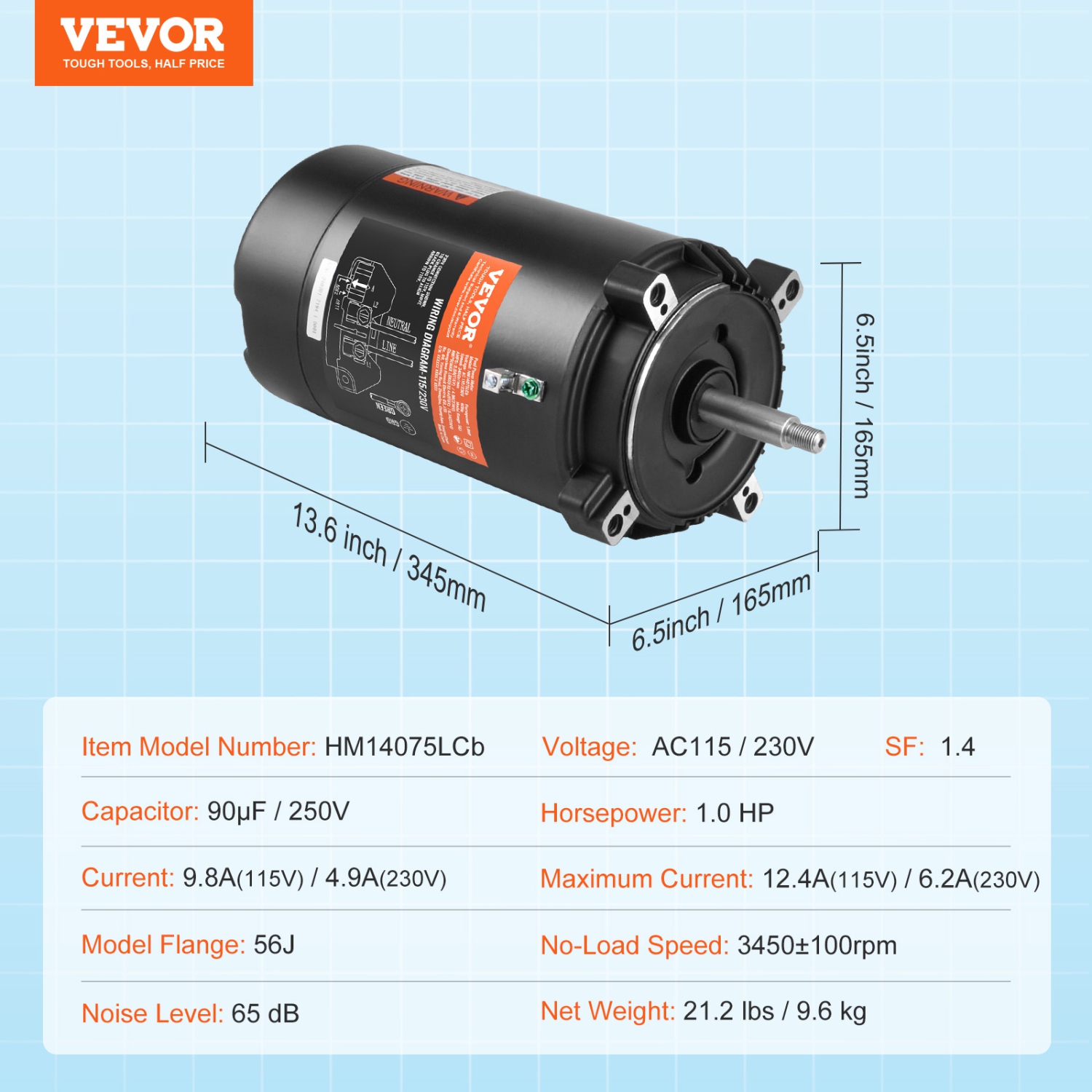 VEVOR 1 HP Pool Pump Motor, 56J Frame, 115V(9.8 Amps)/230V(4.9 Amps) 3450 RPM, 60Hz, 1.4 Service Factor, 90渭F/250V Capacitor, CCW Rotation Round