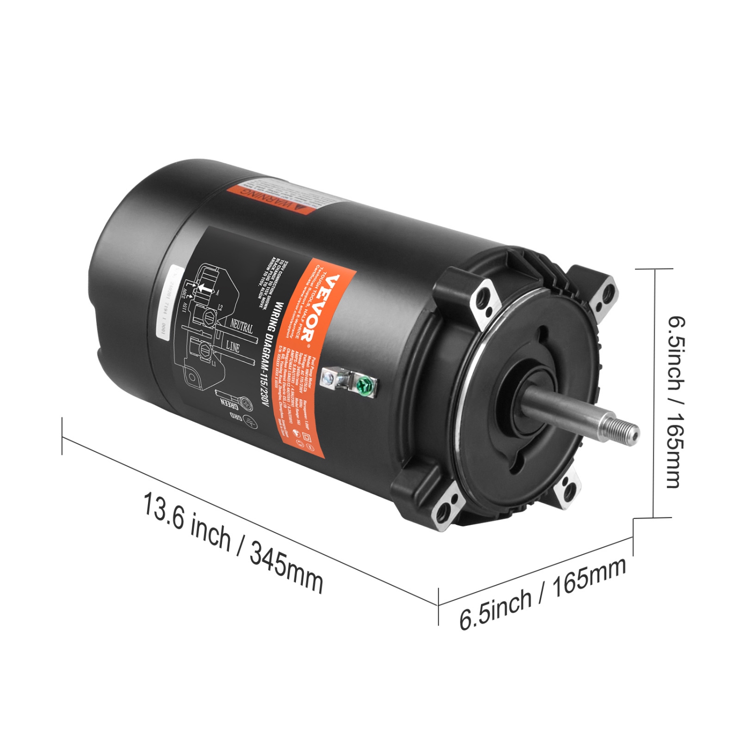 VEVOR 1 HP Pool Pump Motor, 56J Frame, 115V(9.8 Amps)/230V(4.9 Amps) 3450 RPM, 60Hz, 1.4 Service Factor, 90渭F/250V Capacitor, CCW Rotation Round