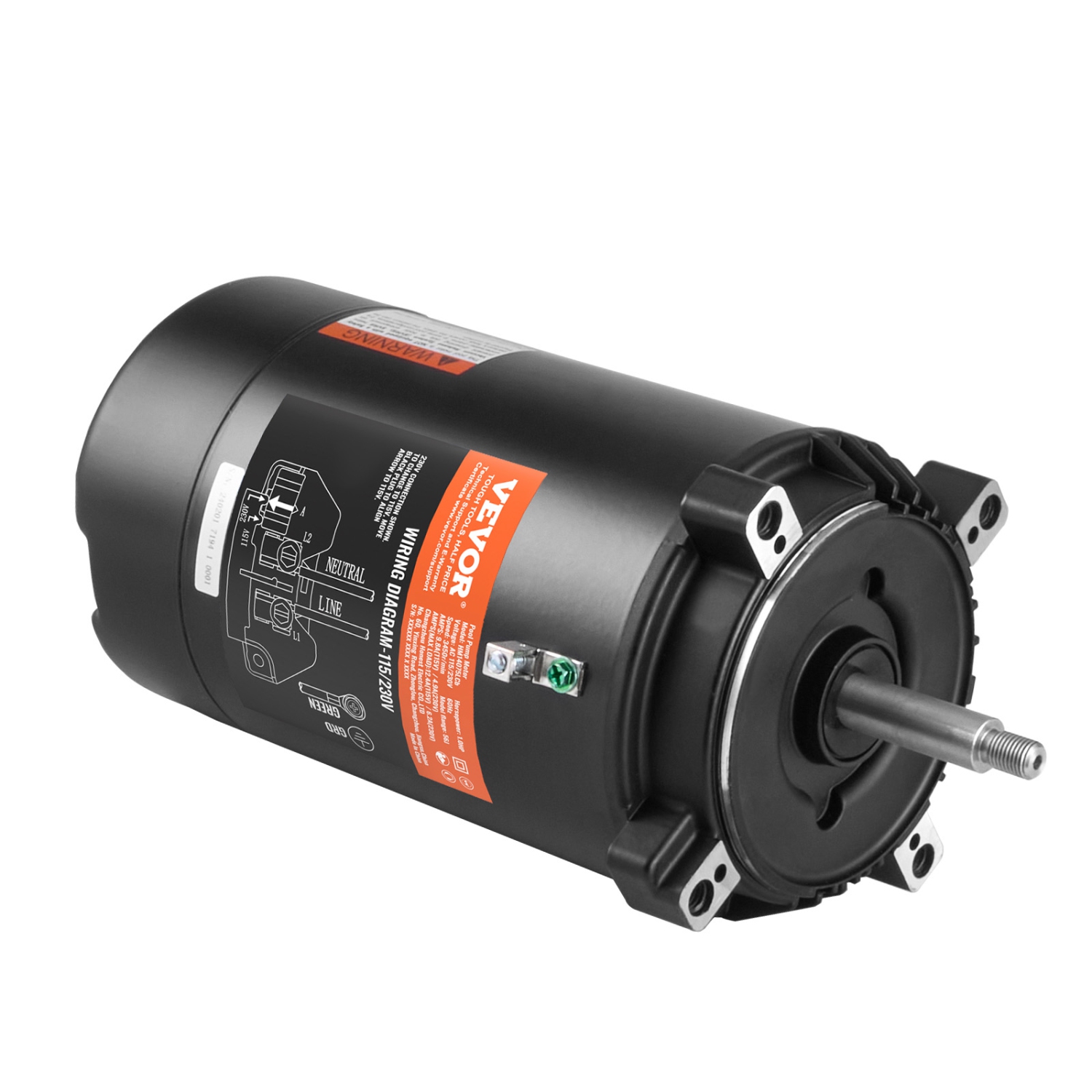 VEVOR 1 HP Pool Pump Motor, 56J Frame, 115V(9.8 Amps)/230V(4.9 Amps) 3450 RPM, 60Hz, 1.4 Service Factor, 90渭F/250V Capacitor, CCW Rotation Round