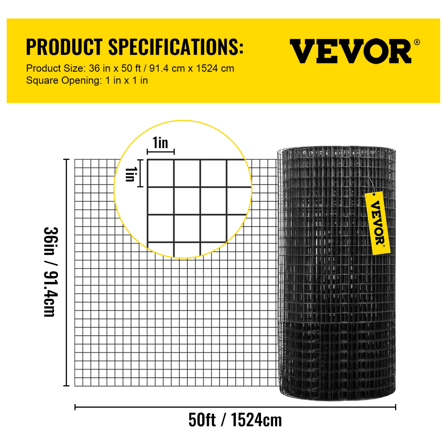 VEVOR 36 x 50\' & 1x1 Hardware Cloth, Galvanized Steel Vinyl Coated 16 Gauge Chicken Wire Fencing with A Cutting Plier & A Pair of Fabric Gloves, for