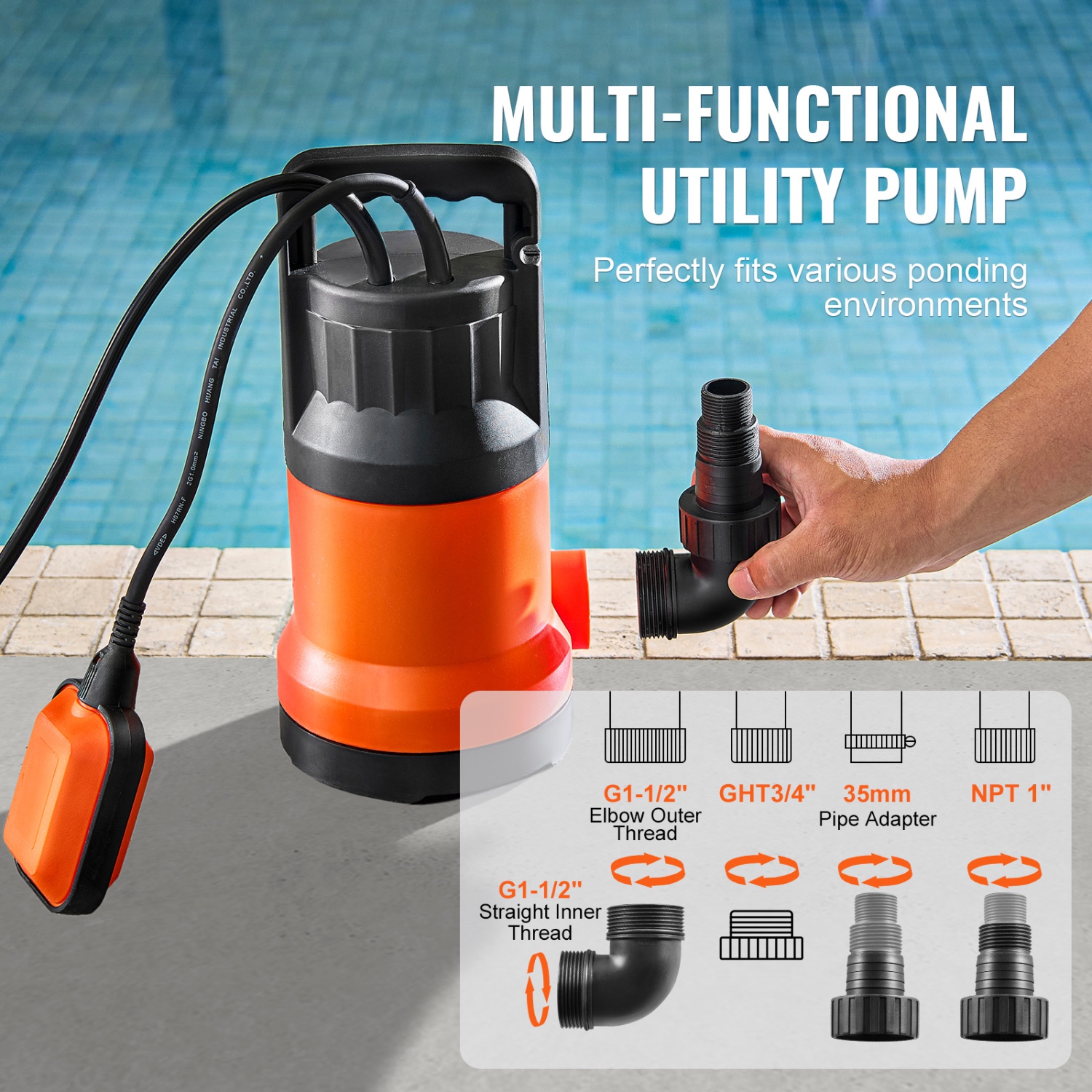 VEVOR 1 HP Utility Pump, 4000 GPH High Flow, 31 ft Head, Sump Pump Submersible Water Pump Portable Utility Pump with 10 ft Long Power Cord for