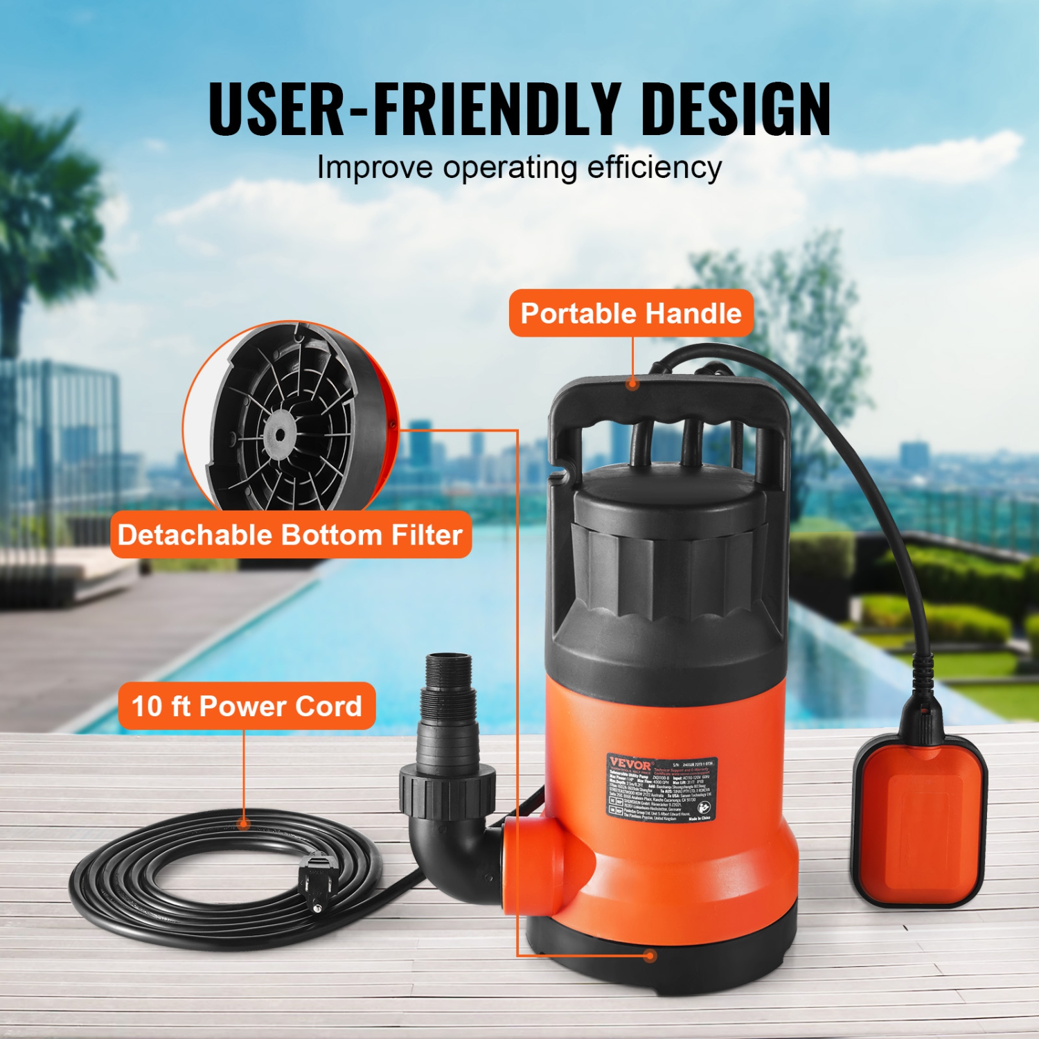 VEVOR 1 HP Utility Pump, 4000 GPH High Flow, 31 ft Head, Sump Pump Submersible Water Pump Portable Utility Pump with 10 ft Long Power Cord for