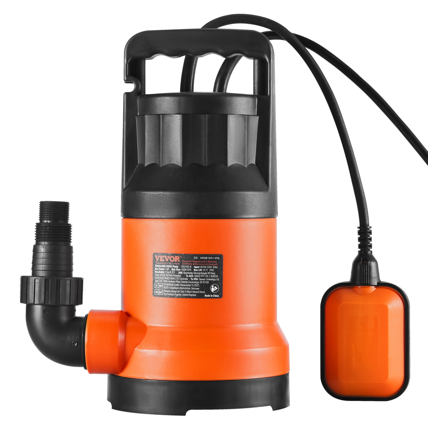 VEVOR 1 HP Utility Pump, 4000 GPH High Flow, 31 ft Head, Sump Pump Submersible Water Pump Portable Utility Pump with 10 ft Long Power Cord for