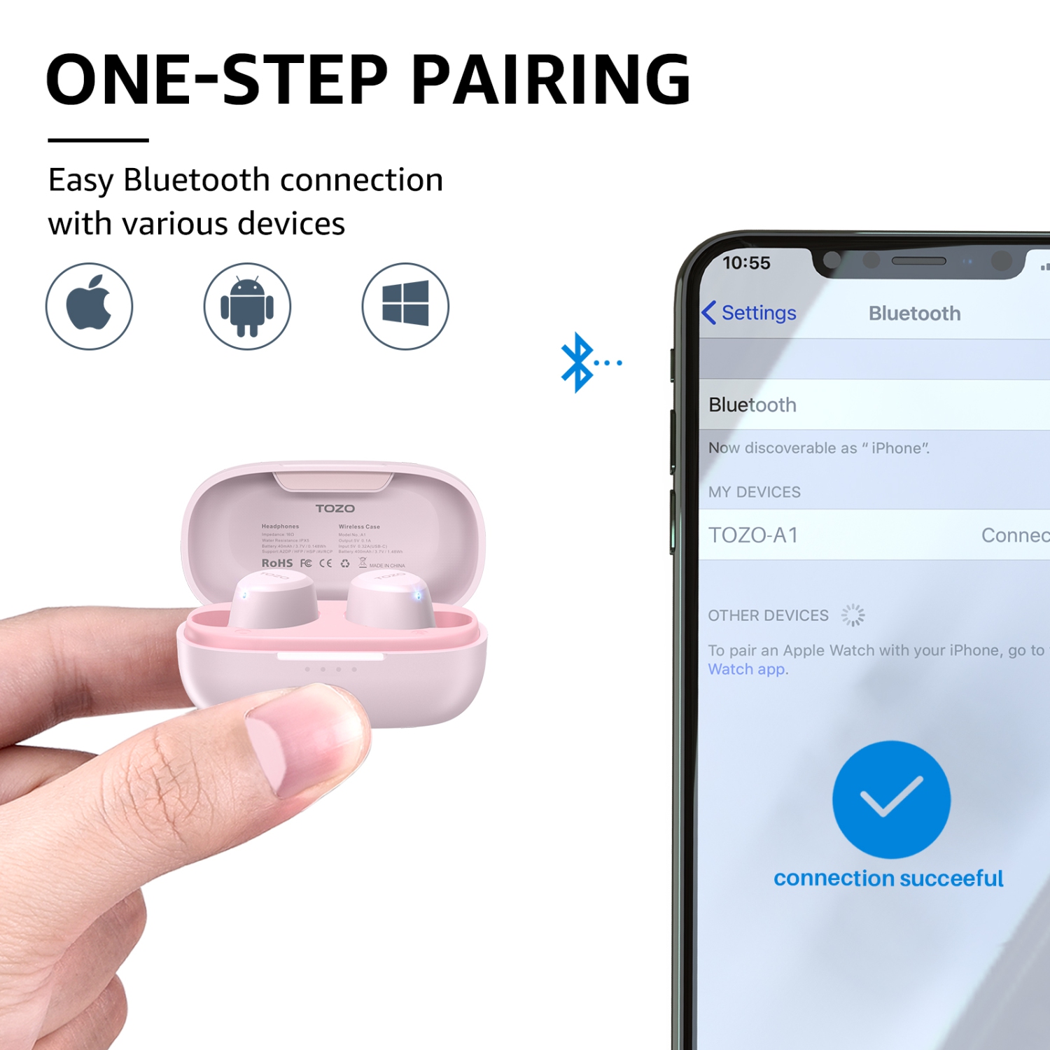 TOZO A1 Earbuds True Wireless Stereo Sound Bass 2 Mic for AI Calls-Pink