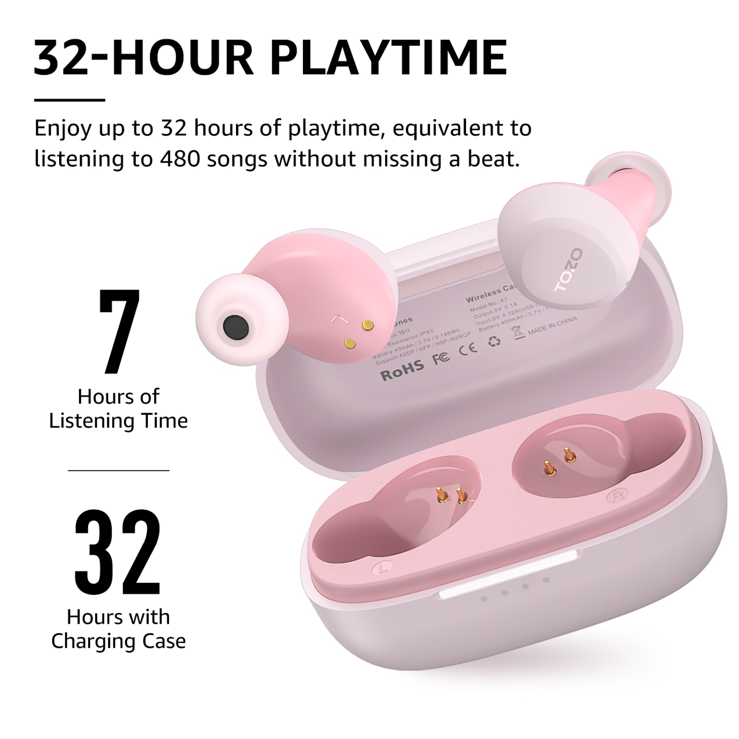 TOZO A1 Earbuds True Wireless Stereo Sound Bass 2 Mic for AI Calls-Pink