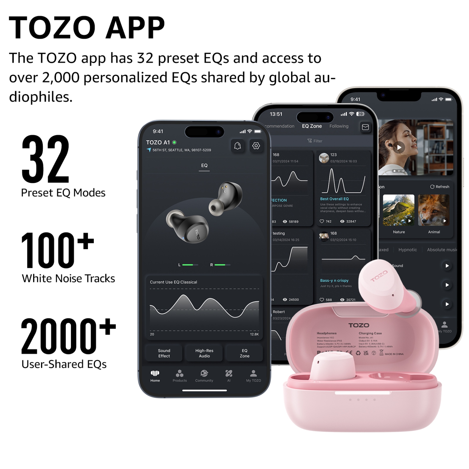 TOZO A1 Earbuds True Wireless Stereo Sound Bass 2 Mic for AI Calls-Pink