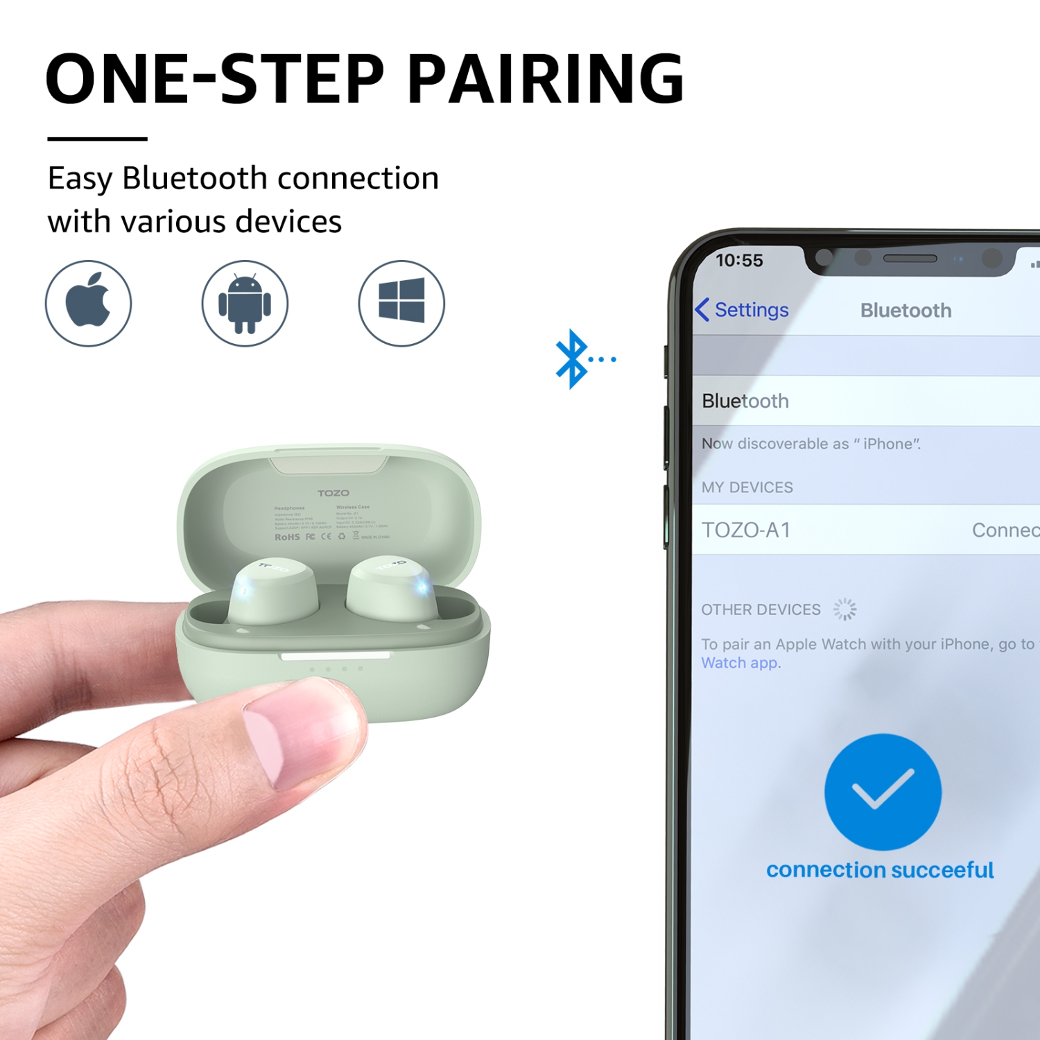 Écouteurs bouton A1 de TOZO avec son stéréo sans fil véritable, basses à 2 microphones pour appels IA - Vert