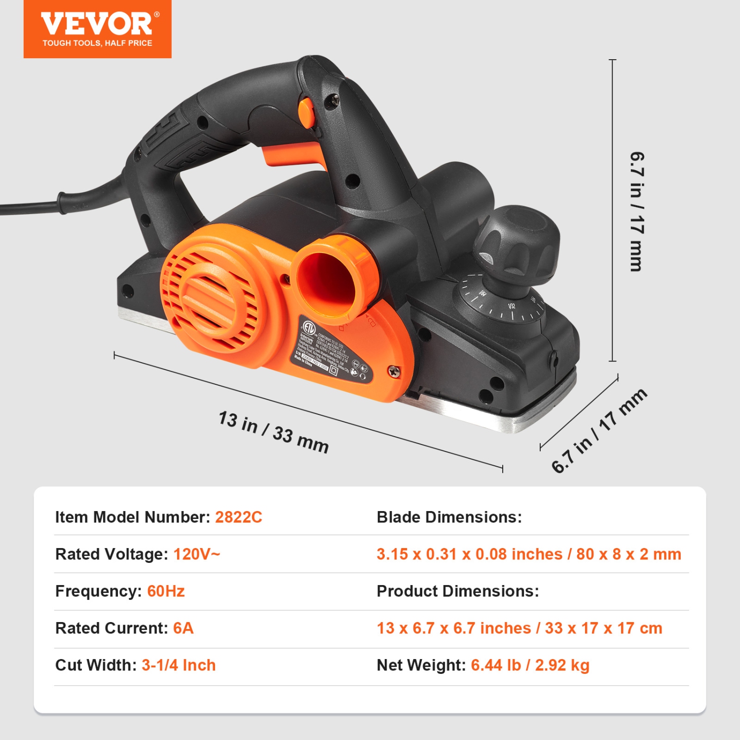 VEVOR 3-1/4" width Corded Electric Hand Planer, 16500 RPM High-Speed Powerful Electric Handheld Planers for Woodworking, Wood Chamfer DIY, Smooth