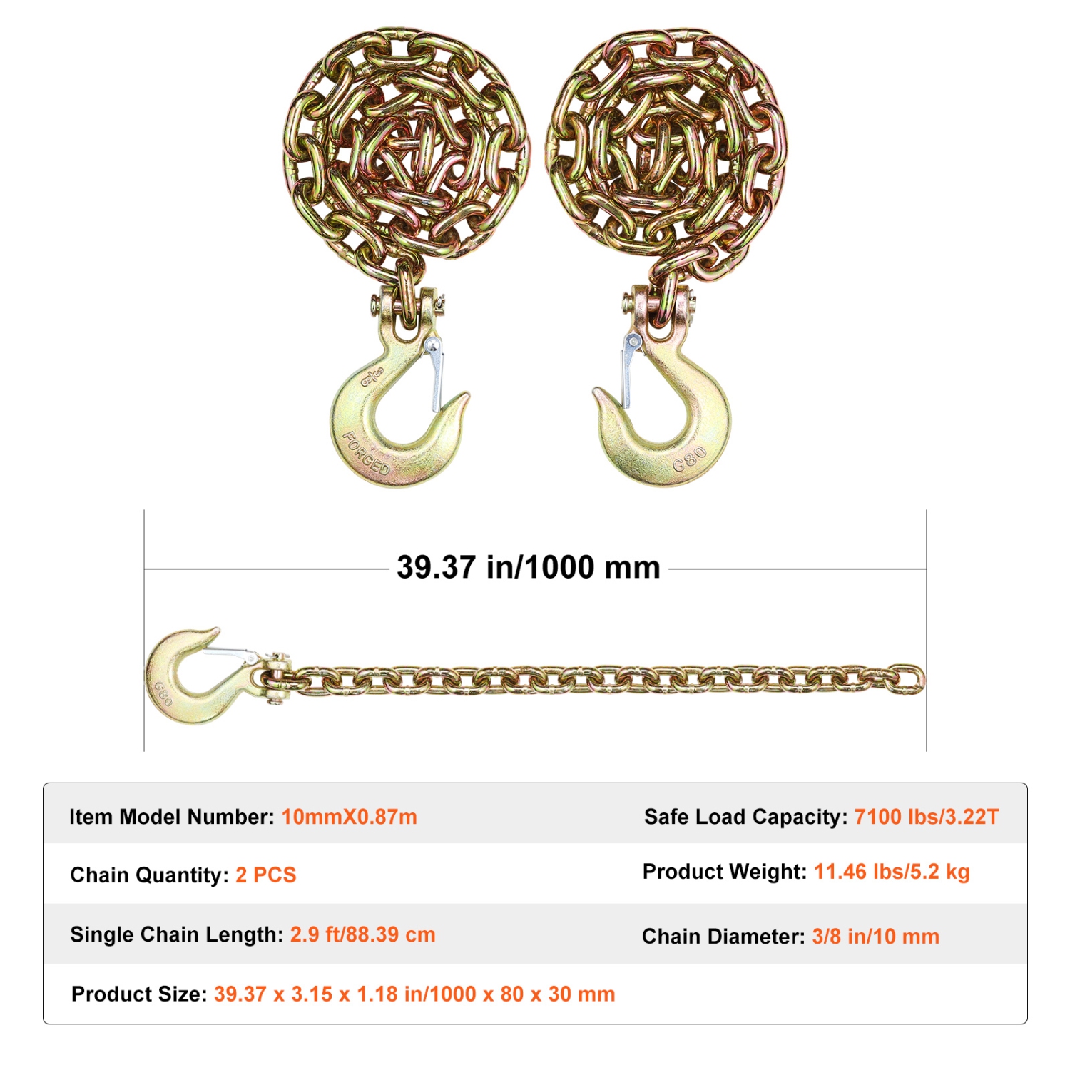 Chaîne à reliure VEVOR G80, 2 chaîne de remorquage 3/8 po x 2,9 pi avec mousqueton à chape, charge de travail sécuritaire 7100&nbsp;lb, chaîne de
