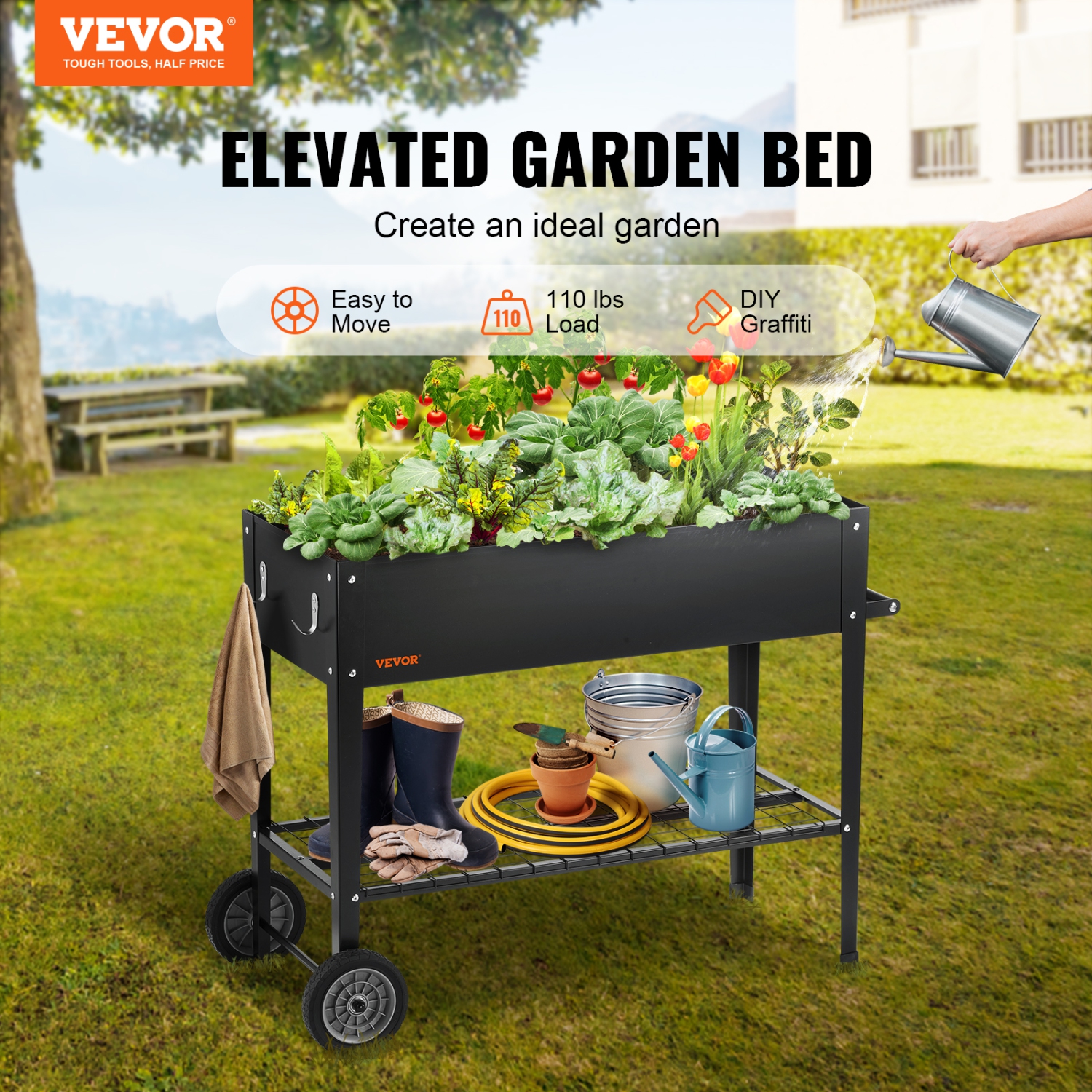 VEVOR 42.5 x 19.5 x 31.5 inch Galvanized Metal Planter Box, Elevated Outdoor Planting Boxes with Legs, for Growing Flowers/Vegetables/Herbs in