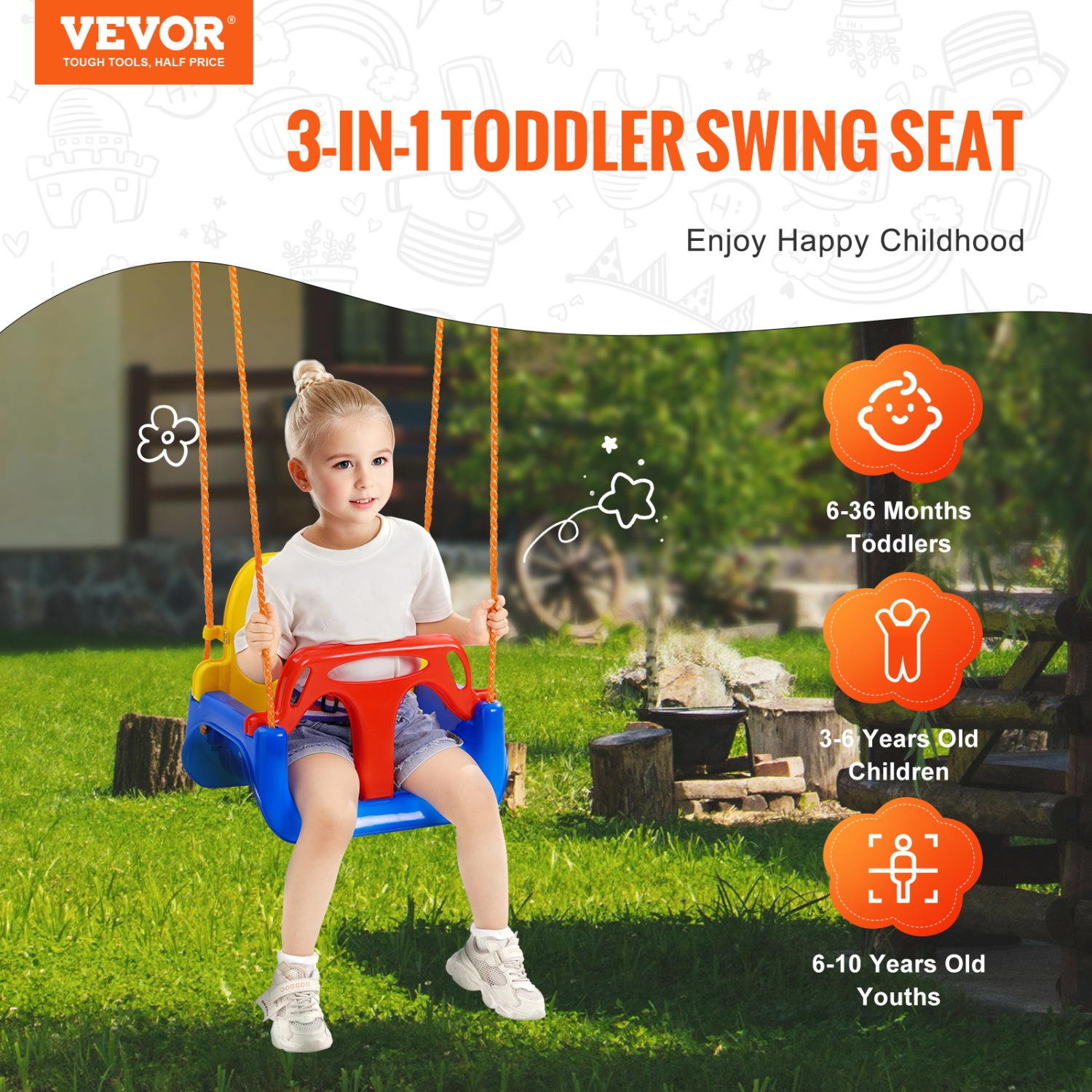 VEVOR 3-in-1 Toddler Swing Seat, 200 lbs Weight Capacity Baby Swing Seat, with Adjustable Ropes and Snap Hooks, Snug & Secure Detachable Infants to