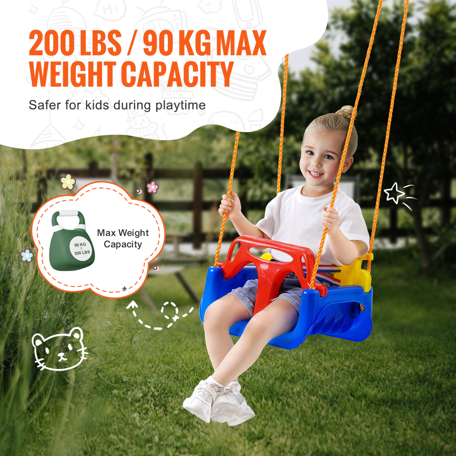 VEVOR 3-in-1 Toddler Swing Seat, 200 lbs Weight Capacity Baby Swing Seat, with Adjustable Ropes and Snap Hooks, Snug & Secure Detachable Infants to