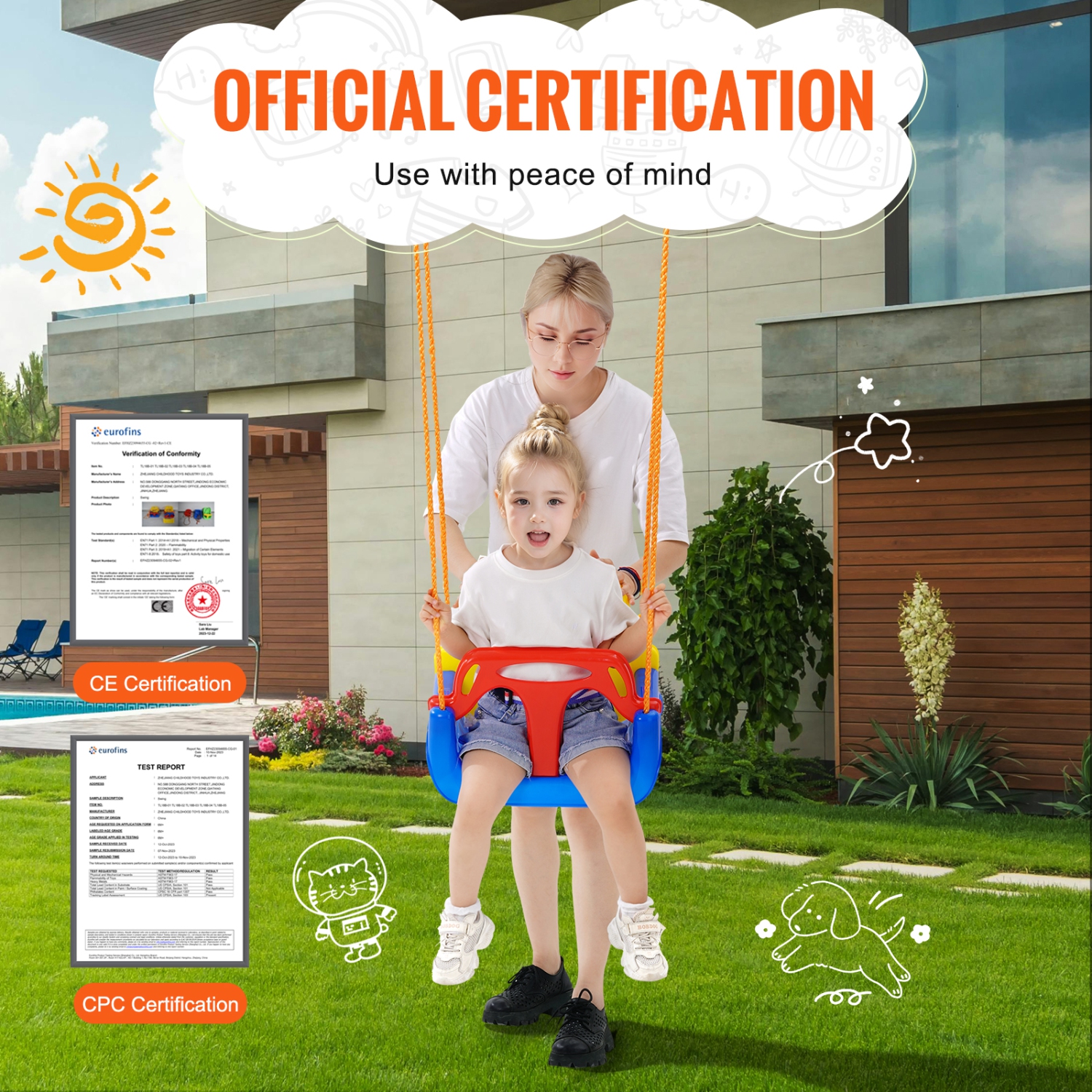 VEVOR 3-in-1 Toddler Swing Seat, 200 lbs Weight Capacity Baby Swing Seat, with Adjustable Ropes and Snap Hooks, Snug & Secure Detachable Infants to