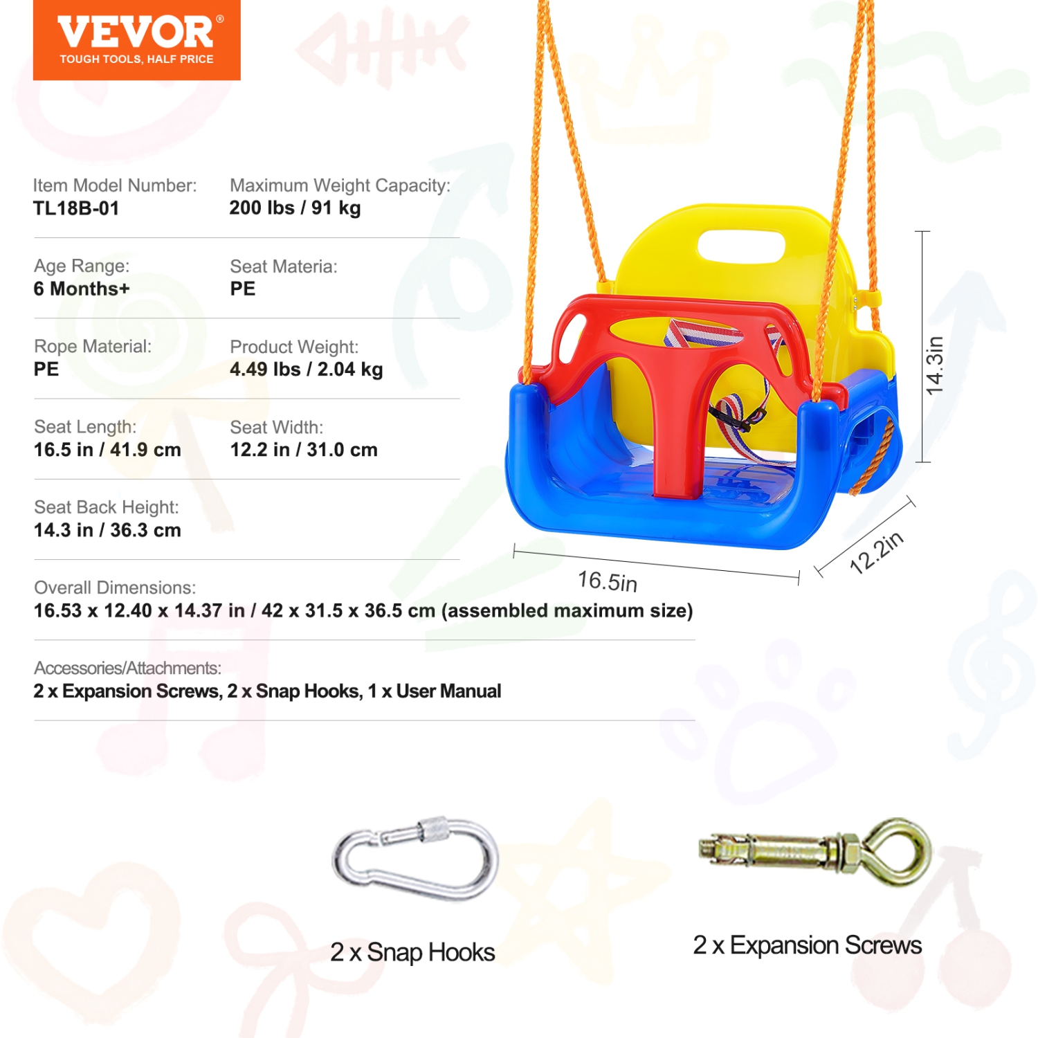 VEVOR 3-in-1 Toddler Swing Seat, 200 lbs Weight Capacity Baby Swing Seat, with Adjustable Ropes and Snap Hooks, Snug & Secure Detachable Infants to