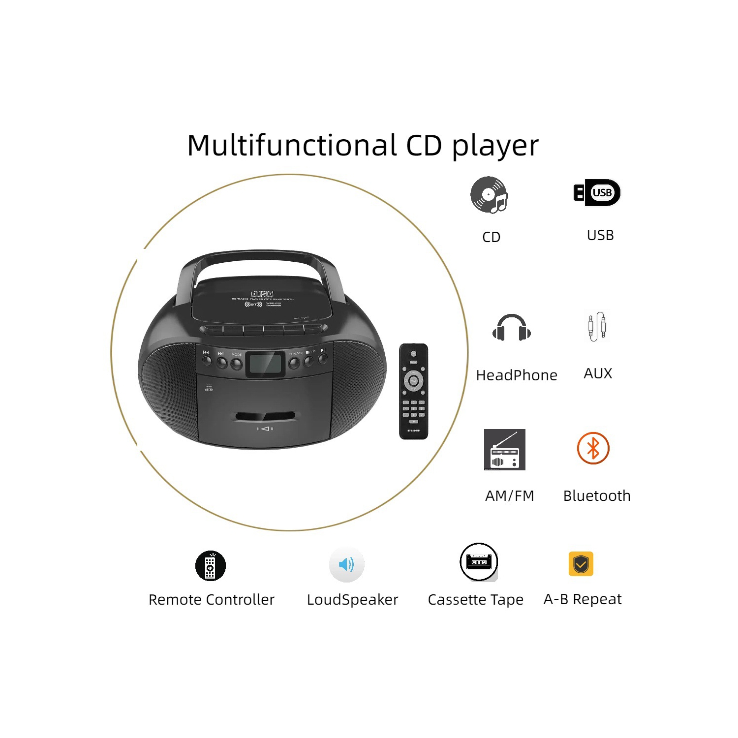 Portable CD & Cassette Player Boombox,Casette Tape Recorder with Remote,AM FM Radio,USB Playback with Earphone Jack,Bluetooth Speaker,CD Player for