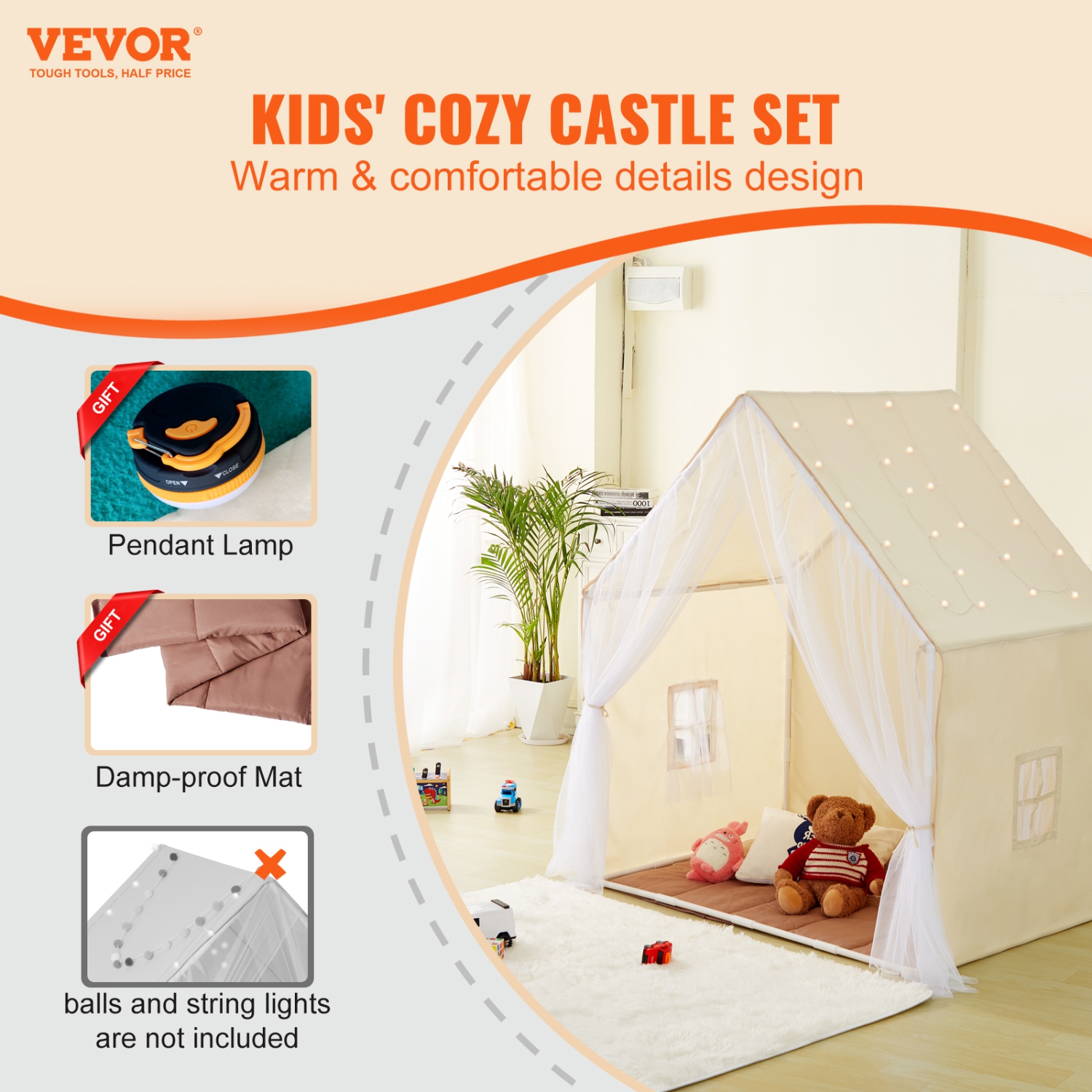 VEVOR Kids Play Tent, Kids Tent for Kids 1-5 Years Old, Toddler Tent with Mat and Tent Lamp, Tent for Kids with Windows for Indoor and Outdoor, Yurt