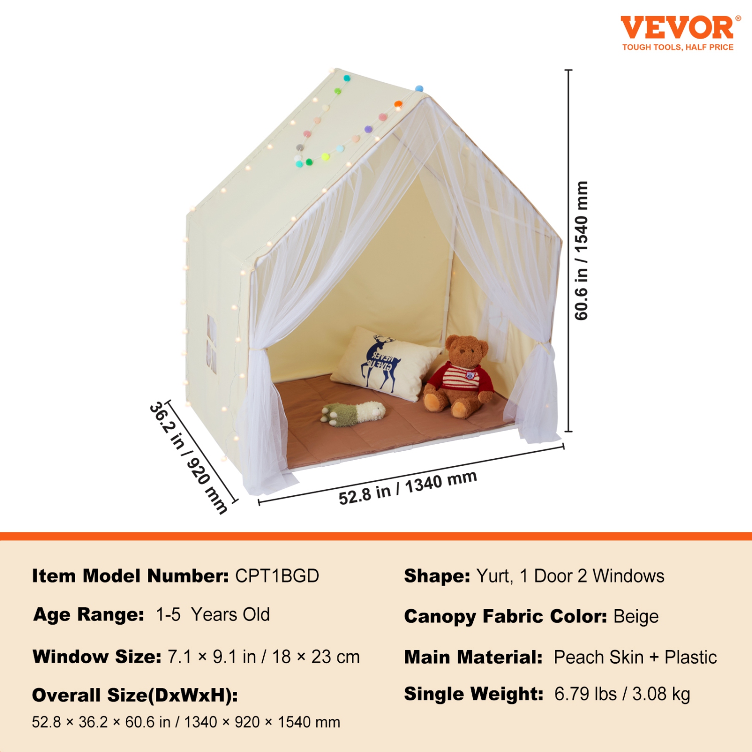 VEVOR Kids Play Tent, Kids Tent for Kids 1-5 Years Old, Toddler Tent with Mat and Tent Lamp, Tent for Kids with Windows for Indoor and Outdoor, Yurt