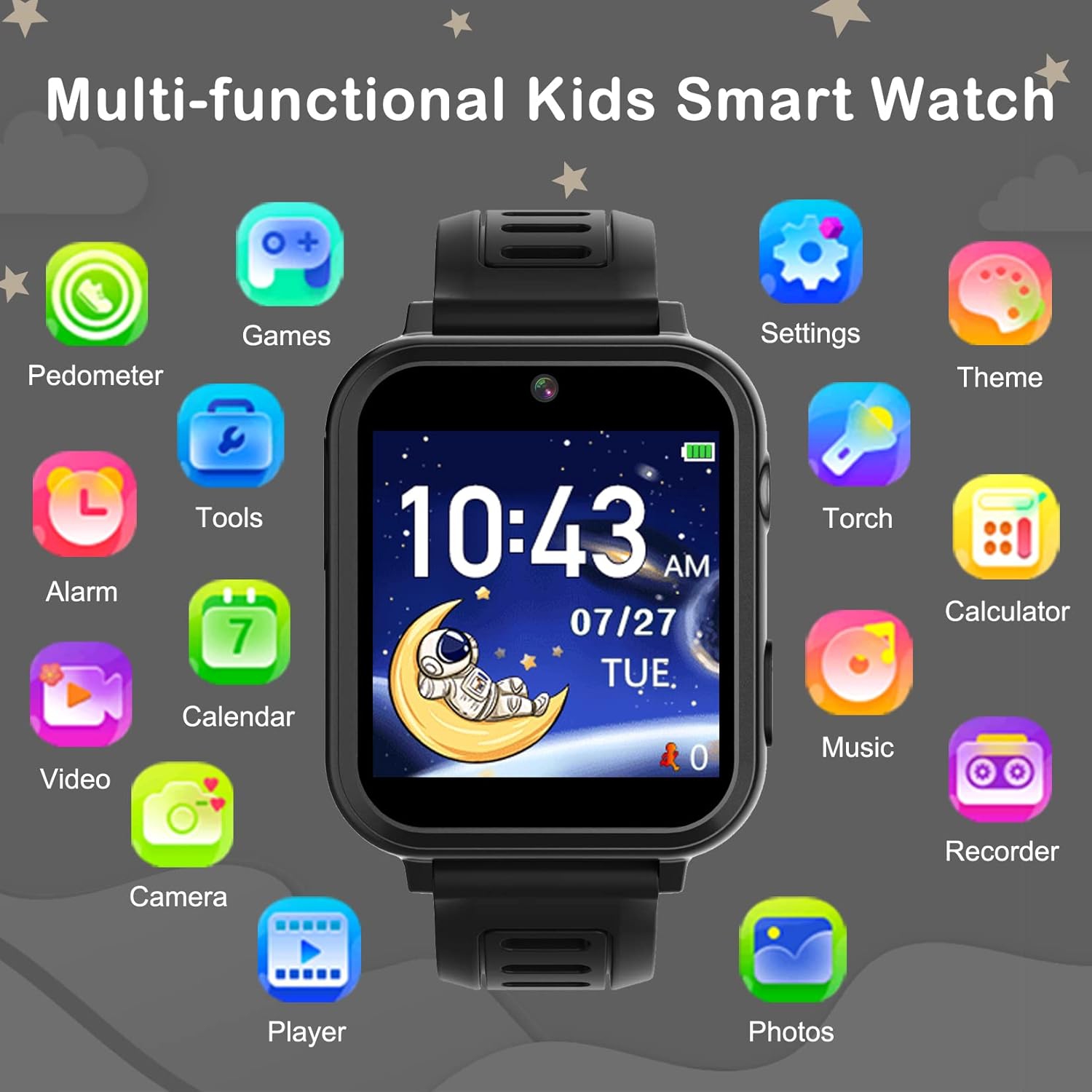 Montre intelligente pour petits garçons et filles, montres intelligentes Jouets avec 24 jeux Caméra Enregistreur vidéo Calendrier Alarme musique