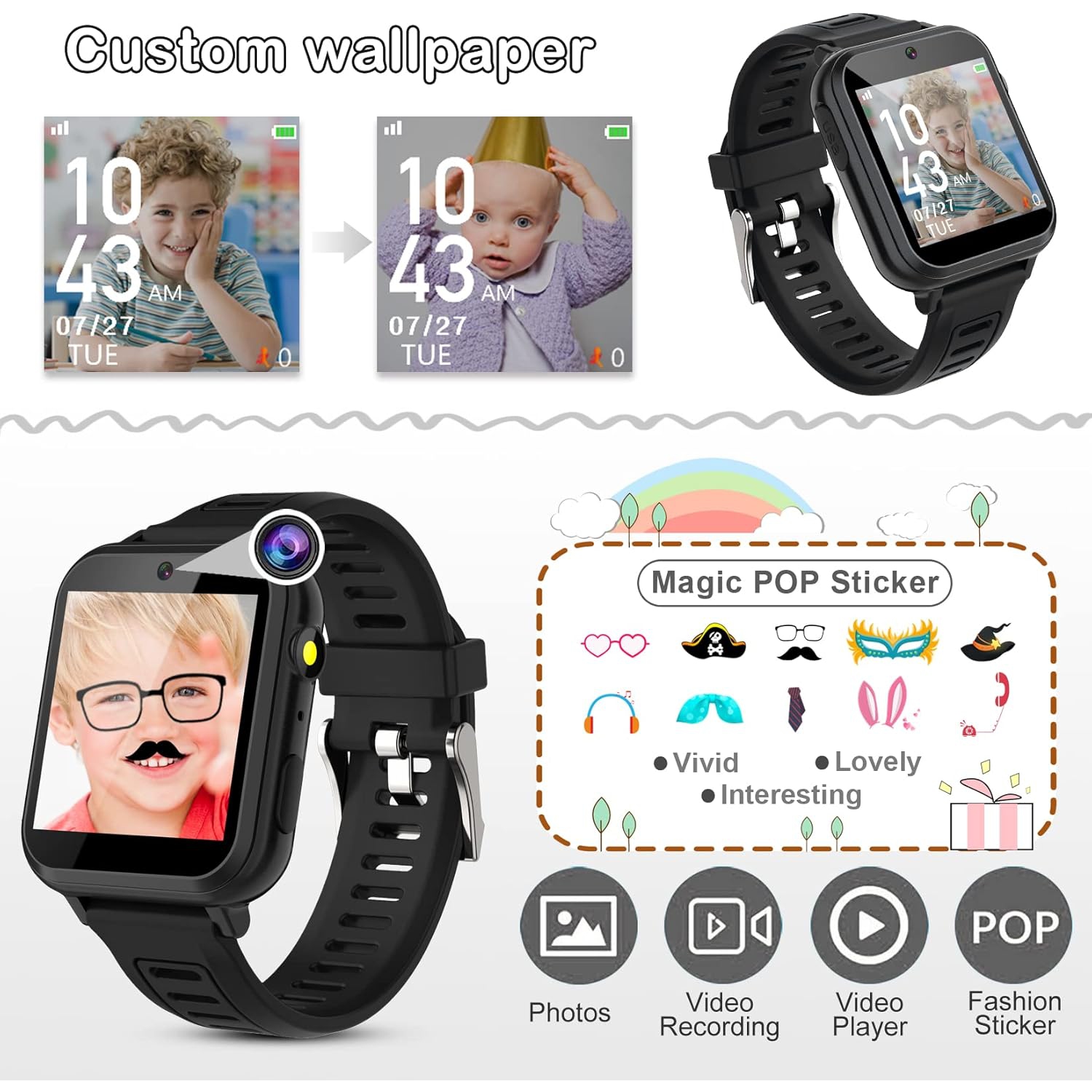 Montre intelligente pour petits garçons et filles, montres intelligentes Jouets avec 24 jeux Caméra Enregistreur vidéo Calendrier Alarme musique