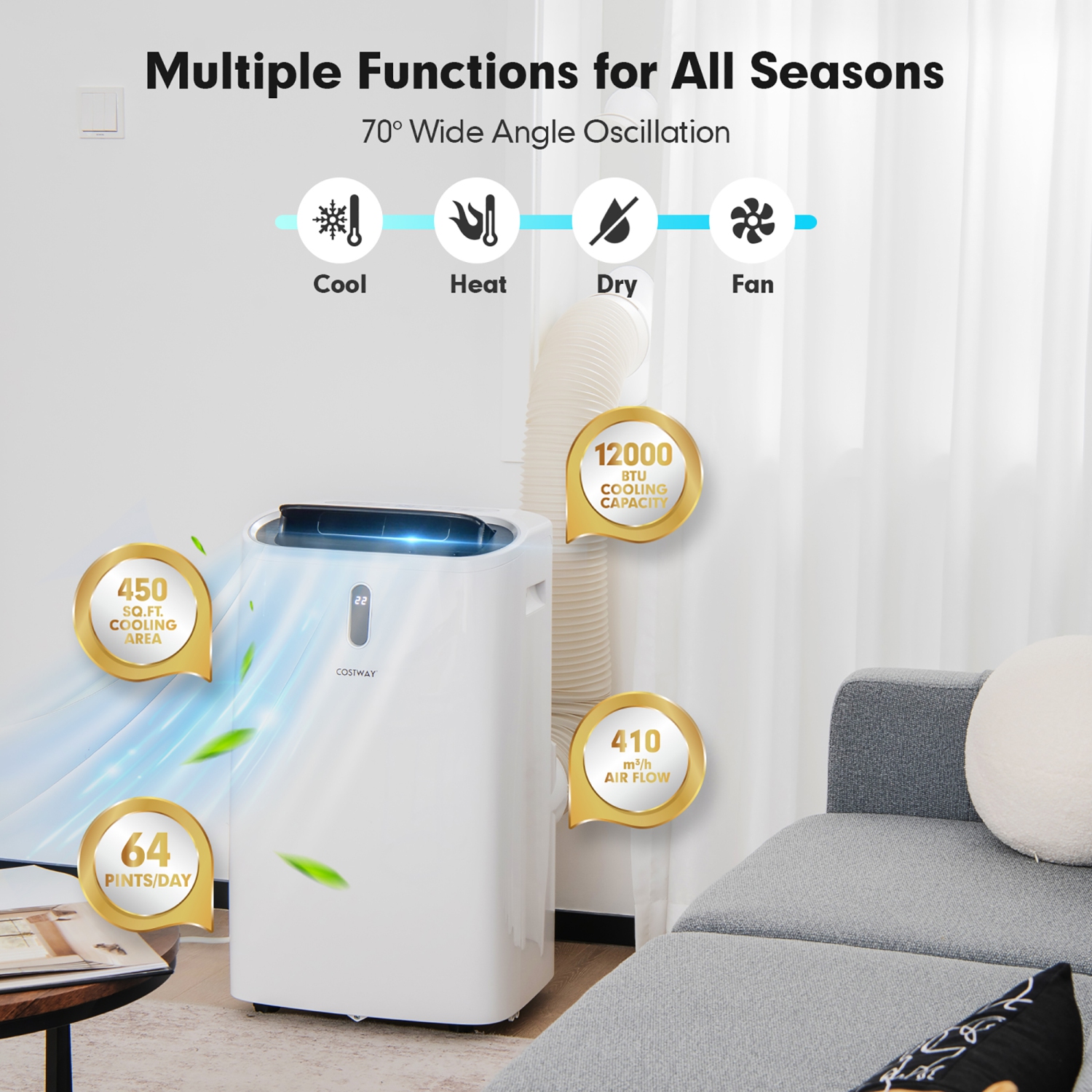 Costway Portable Air Conditioners, 12000 BTU 4 in 1 AC Unit with Cool, Fan, Heat & Dehumidifier, Alexa Voice-Enabled,with WiFi Smart App