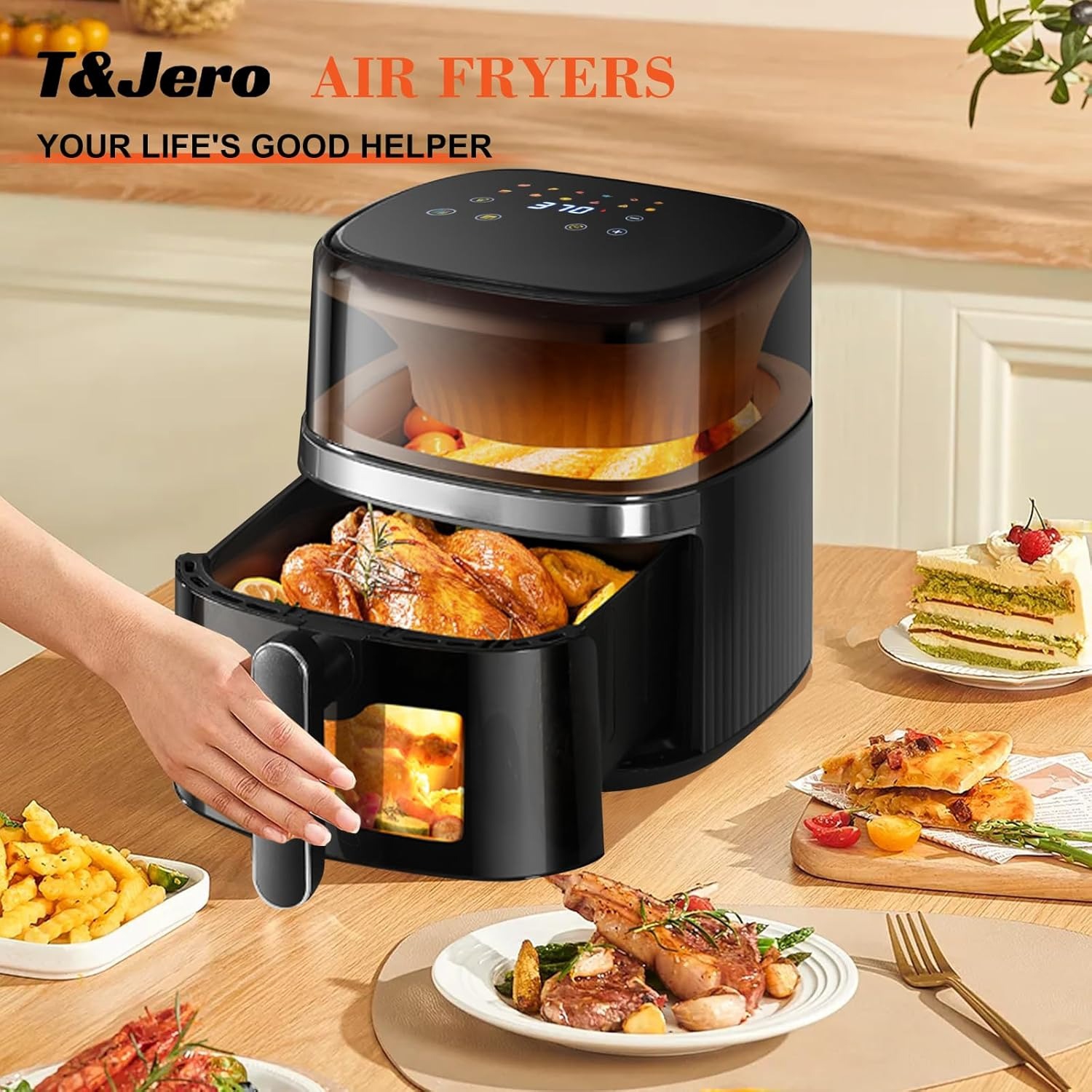 T&Jero 6QT Air Fryer Toaster Oven | 12-in-1 Digital Presets, XL Cooking Window, Nonstick Basket & Crisper Plate