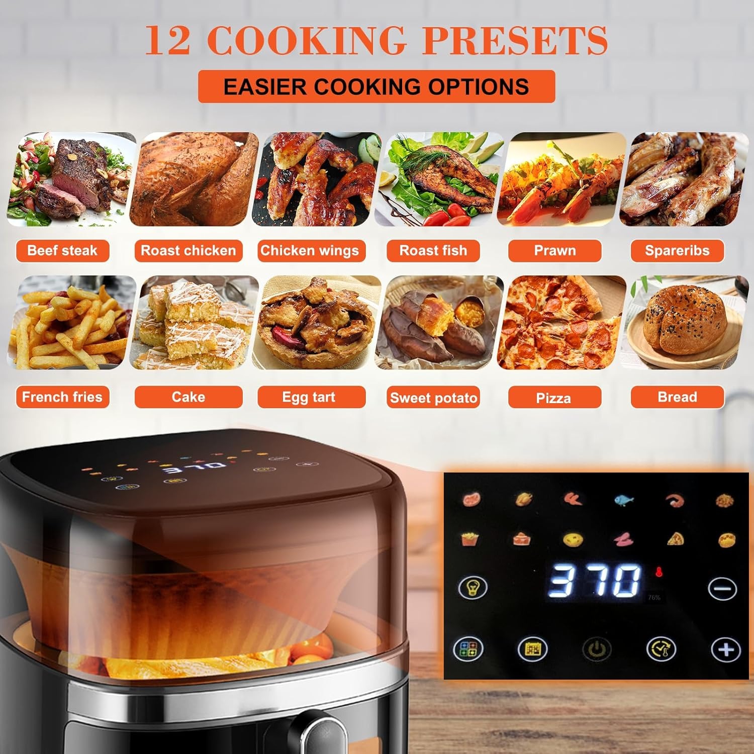 T&Jero 6QT Air Fryer Toaster Oven | 12-in-1 Digital Presets, XL Cooking Window, Nonstick Basket & Crisper Plate