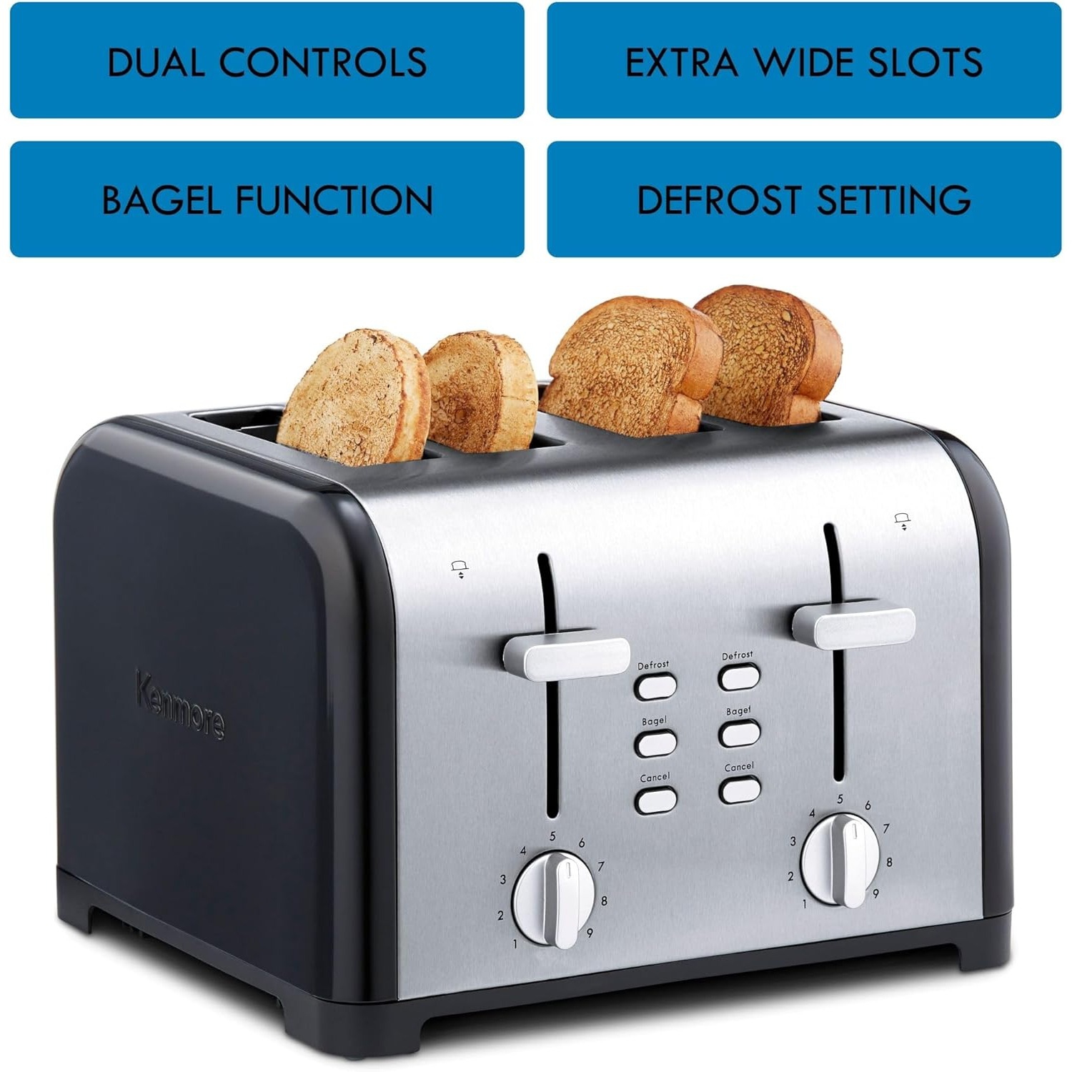 Kenmore 4-Slice Toaster with Extra Wide Slots, Defrost Function, 9 Shade Settings, Stainless Steel & Black