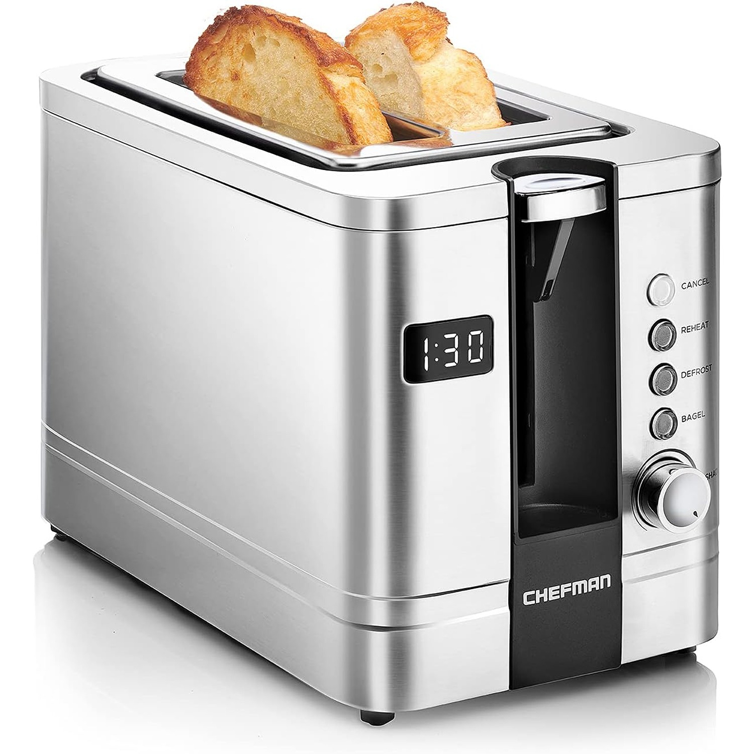 Chefman 2-Slice Digital Toaster, Extra-Wide Slots, Stainless Steel, Defrost, Reheat & Cancel Functions