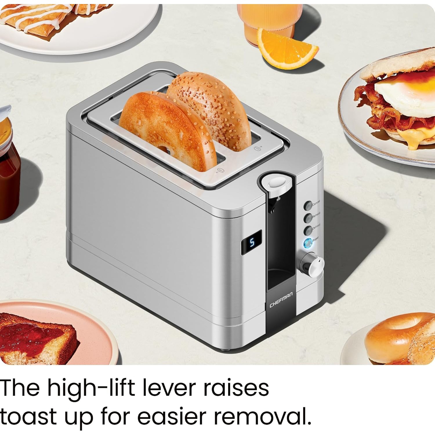 Chefman 2-Slice Digital Toaster, Extra-Wide Slots, Stainless Steel, Defrost, Reheat & Cancel Functions