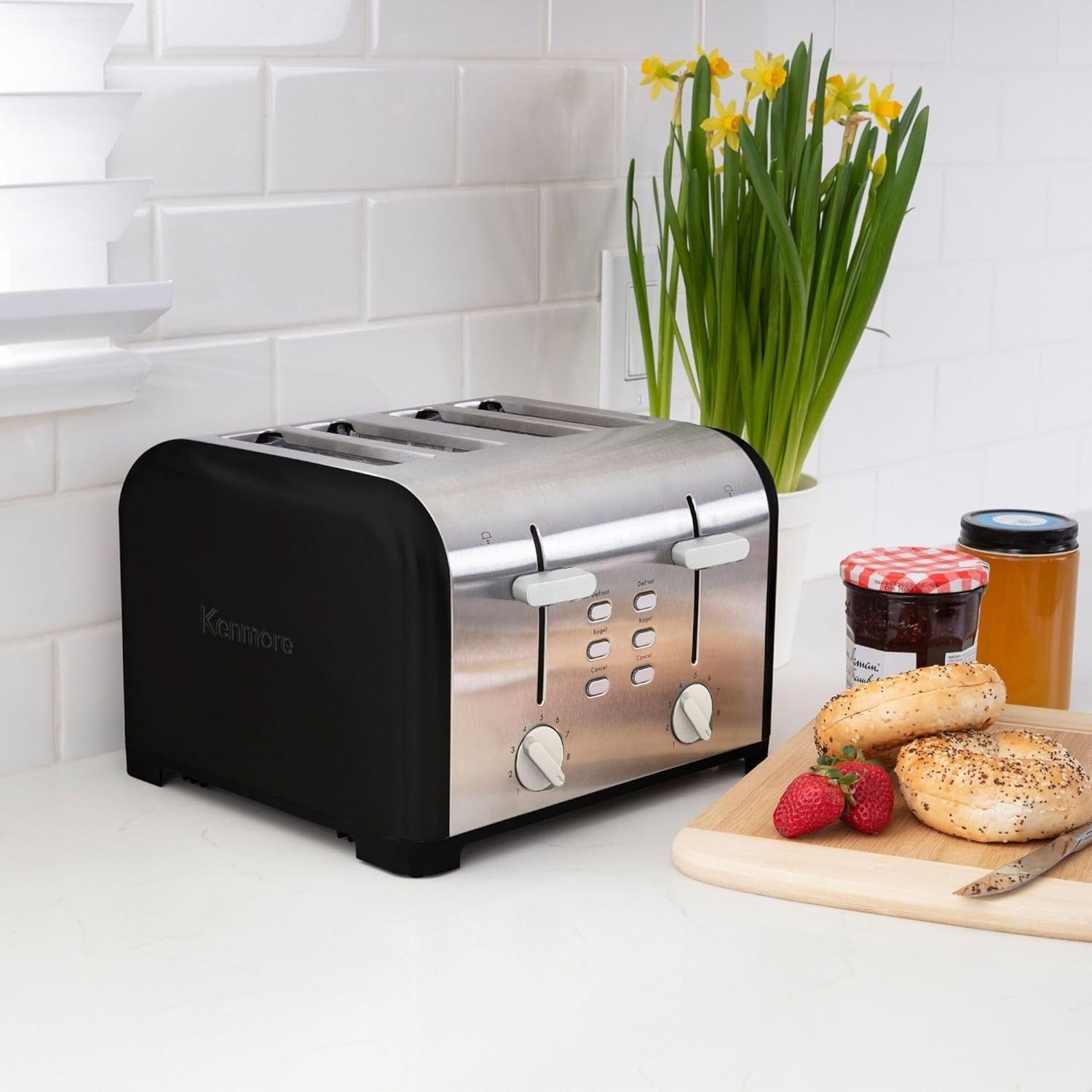 Kenmore 4-Slice Toaster, Extra Wide Slots, Bagel & Defrost Functions, 9 Browning Levels, Black Stainless Steel