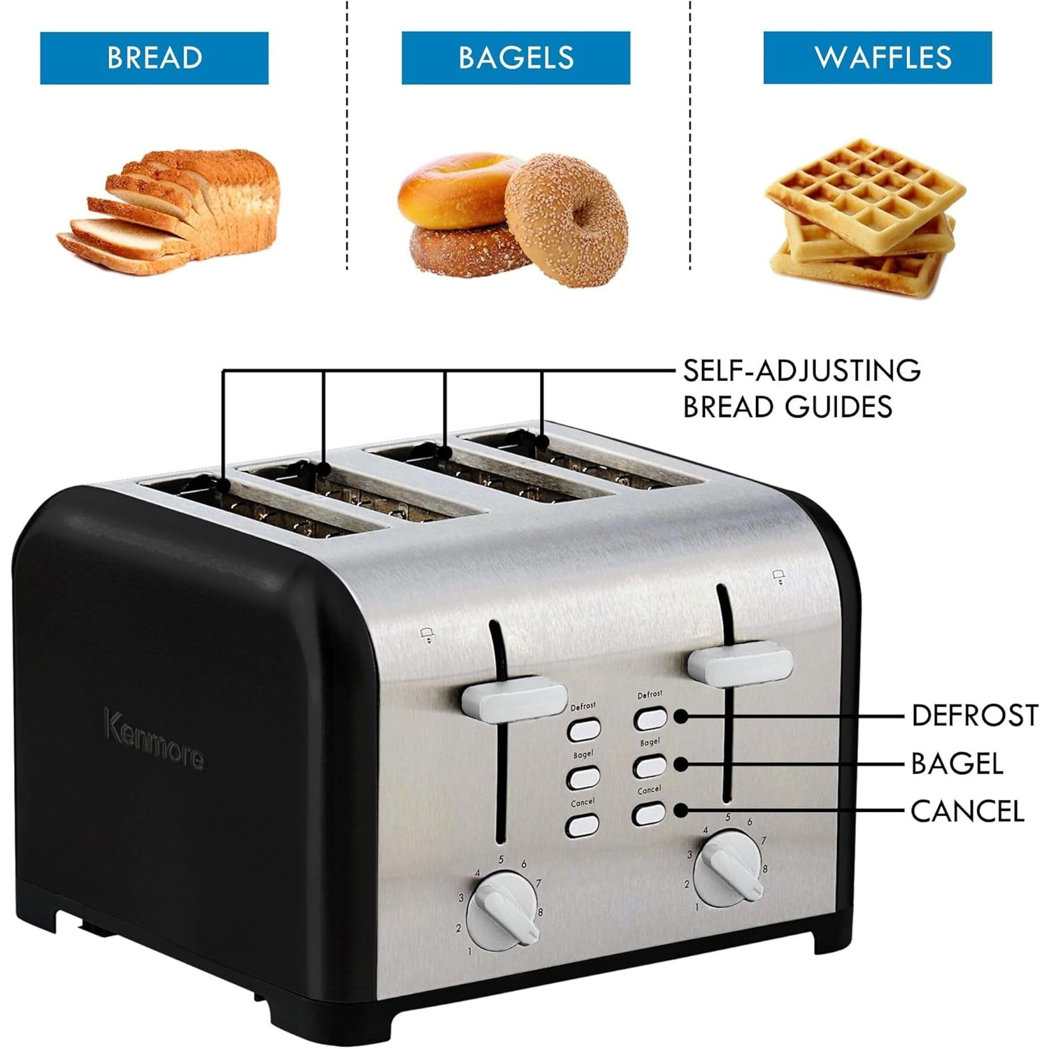Kenmore 4-Slice Toaster, Extra Wide Slots, Bagel & Defrost Functions, 9 Browning Levels, Black Stainless Steel
