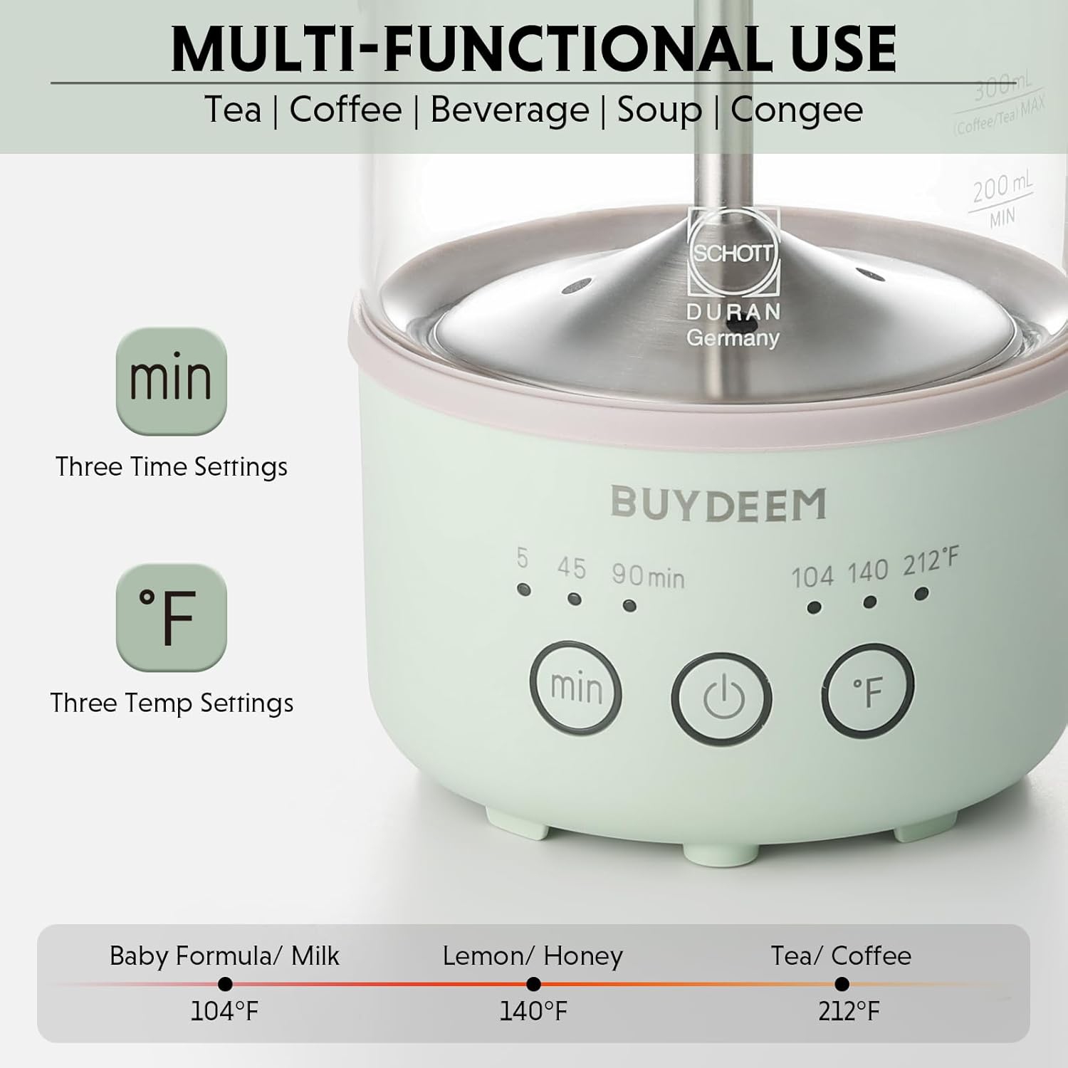 Bouilloire électrique multifonction K32 de BUYDEEM pour le thé, le café et plus encore – 0,6&nbsp;L, commande de température à une touche, maintien