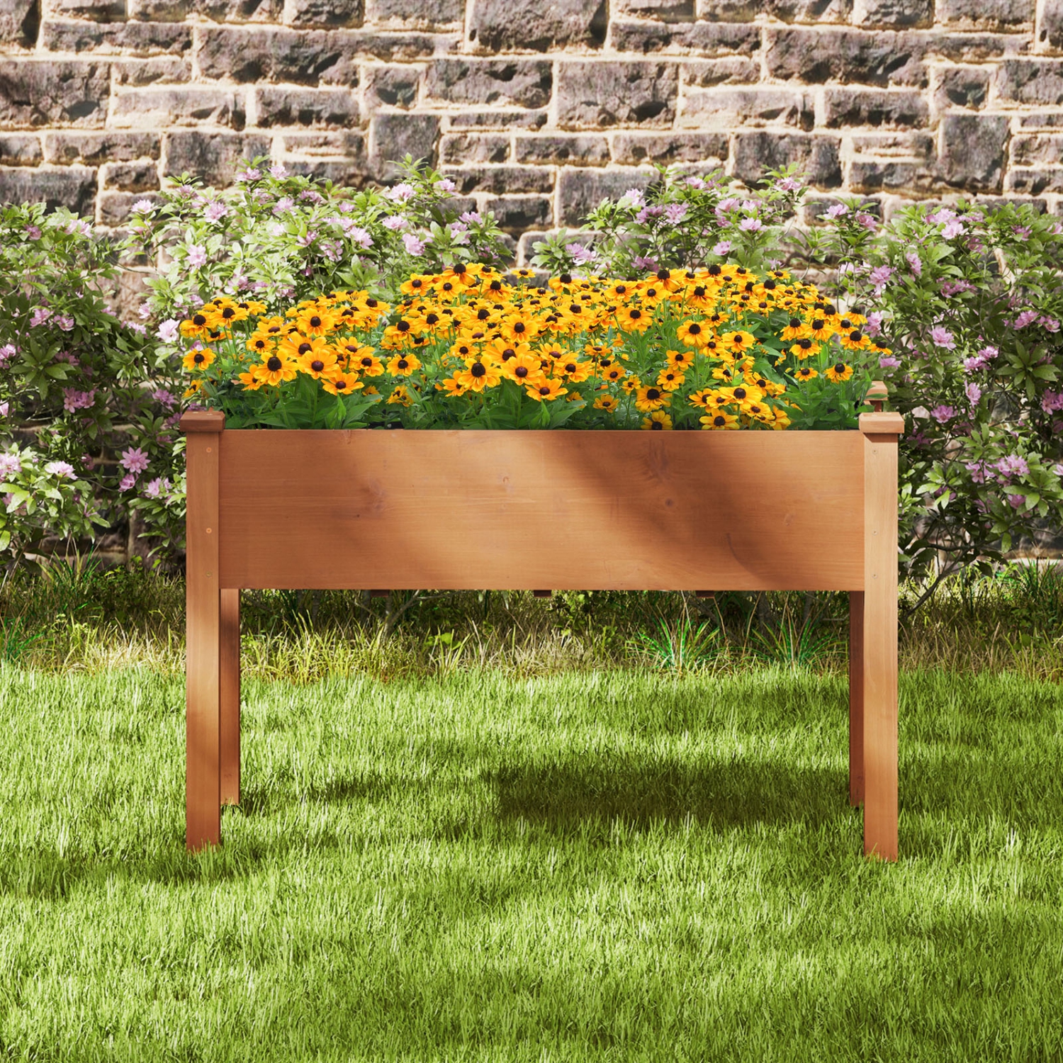 Gymax Raised Garden Bed Elevated Fir Wood Planter Box w/ Drain Hole Garden Planter