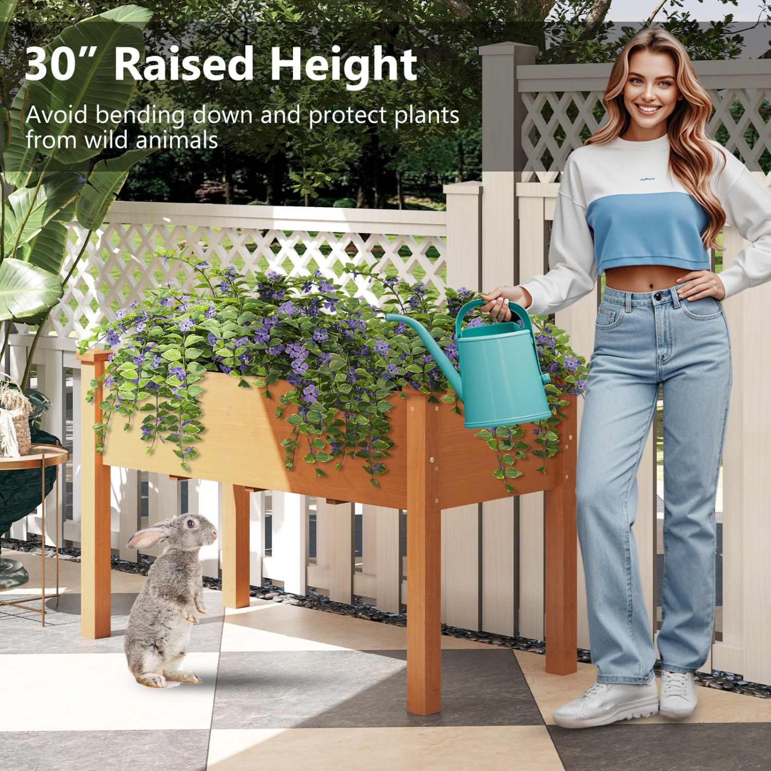 Gymax Raised Garden Bed Elevated Fir Wood Planter Box w/ Drain Hole Garden Planter