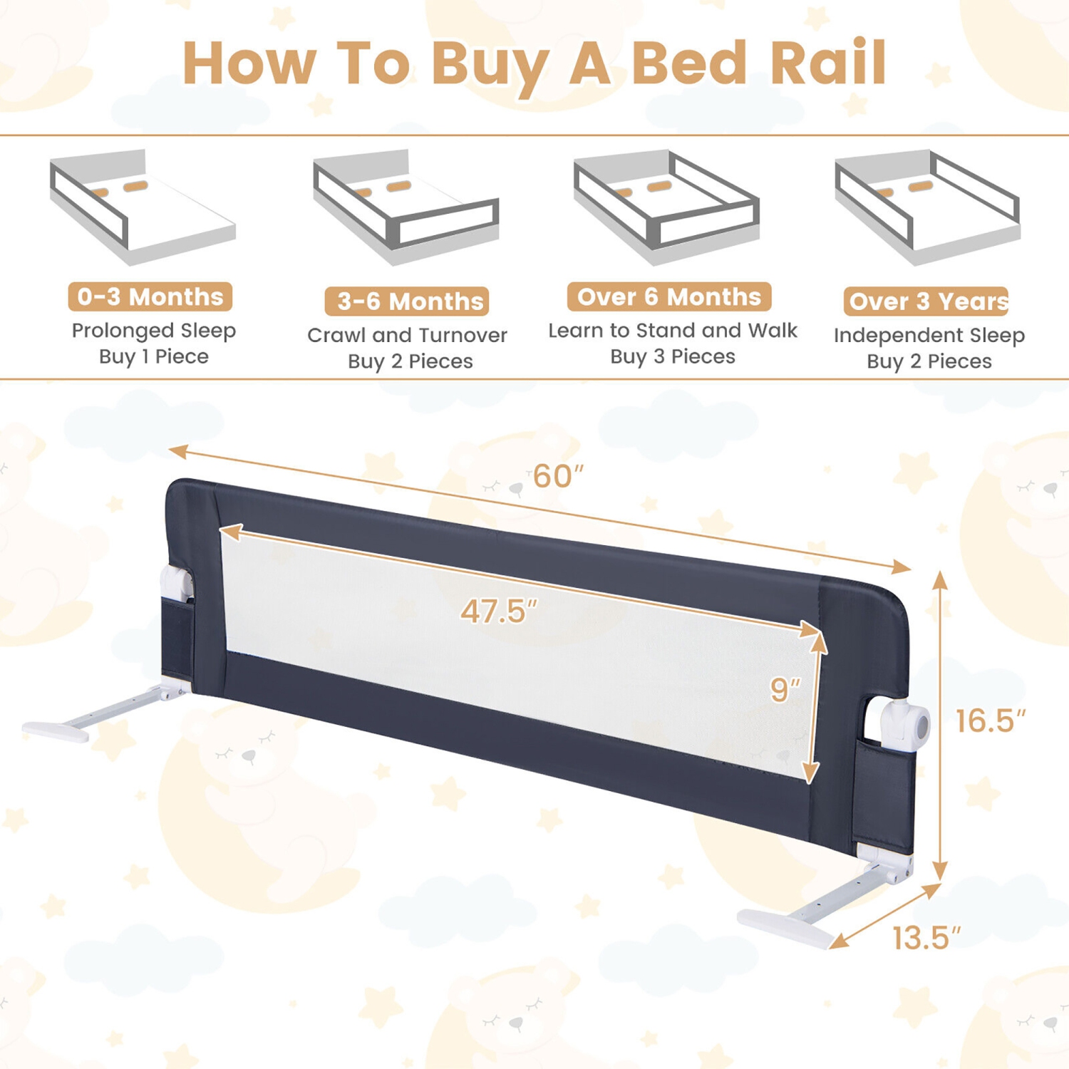 Gymax Bed Rail Guard for Toddlers 60'' & for Crib Twin Double Queen & King Size Bed